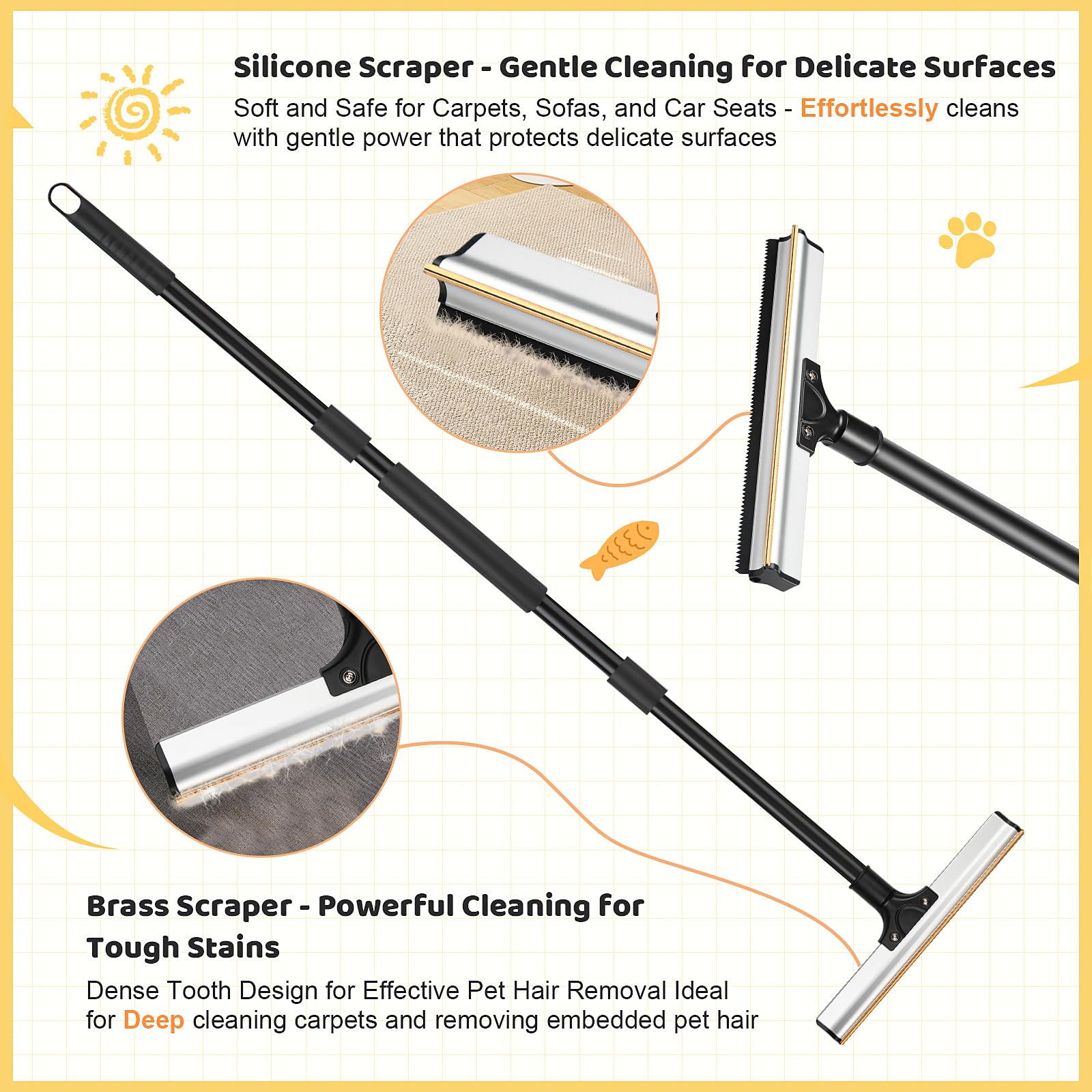 Bisenkud Pet Hair Carpet Rake - Dual-Material Cleaning Tool for Efficient Pet Hair Removal on Carpets, Sofas, and Car Seats