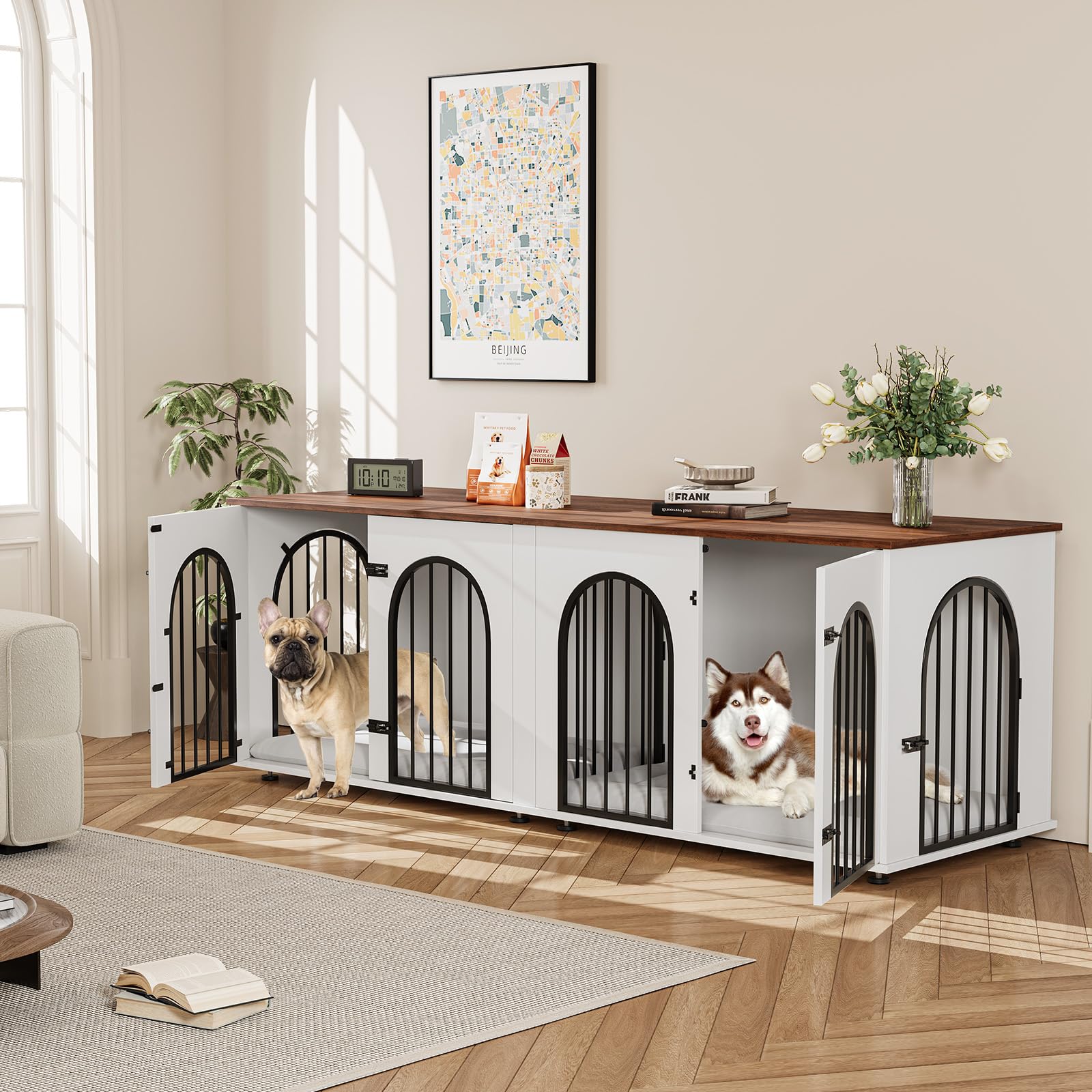 GarveeHome 71 Large Dog Crate Furniture for 2 Dogs, Wooden Double Dog Crate with Door, Indoor Dog Kennel TV Stand with Divider a