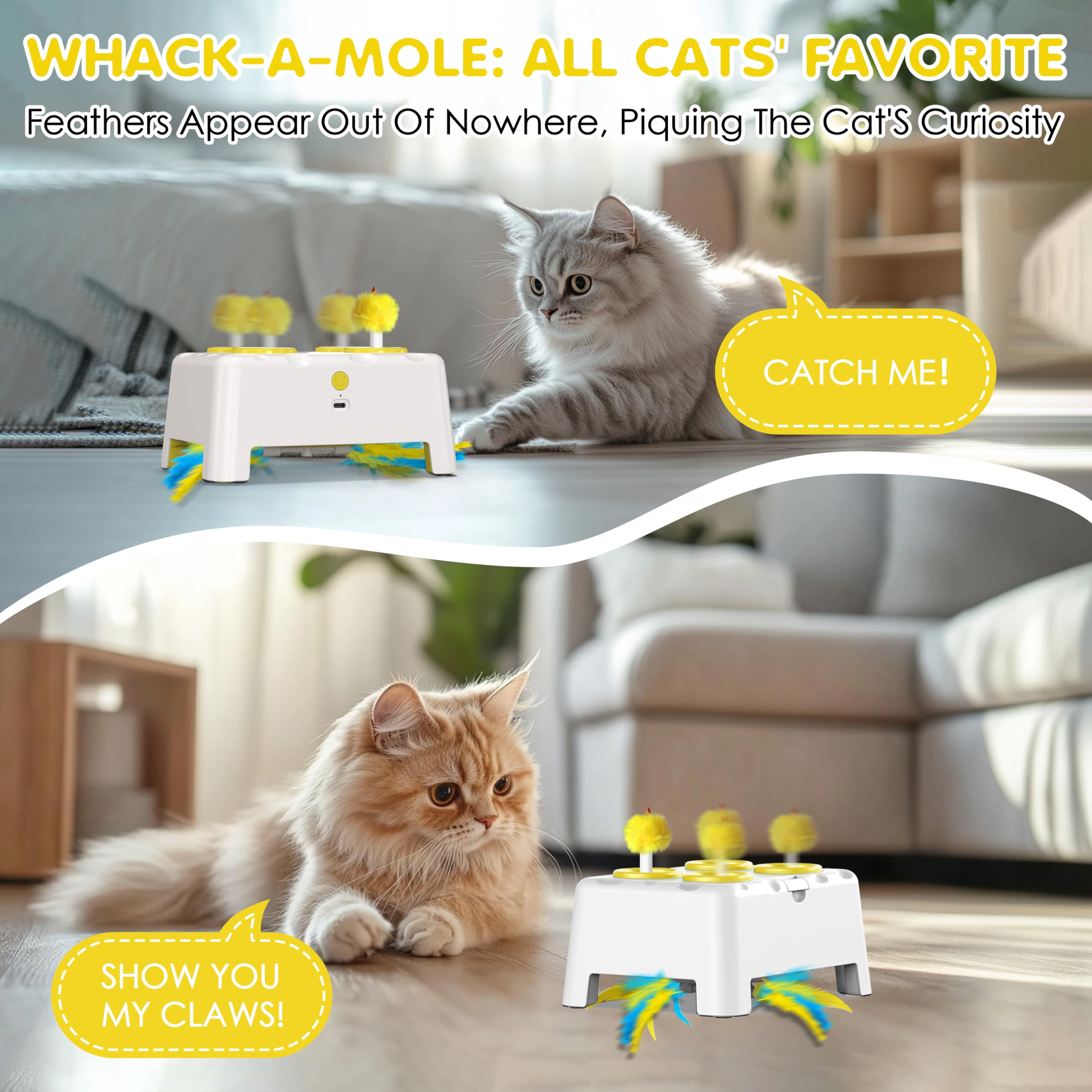 Kezlume Cat Toys, 2 In1 Automatic Interactive Cat Toys For Indoor Cats, 4 Holes Mice Whack A Mole Cat Mouse Toy With Moving Feat