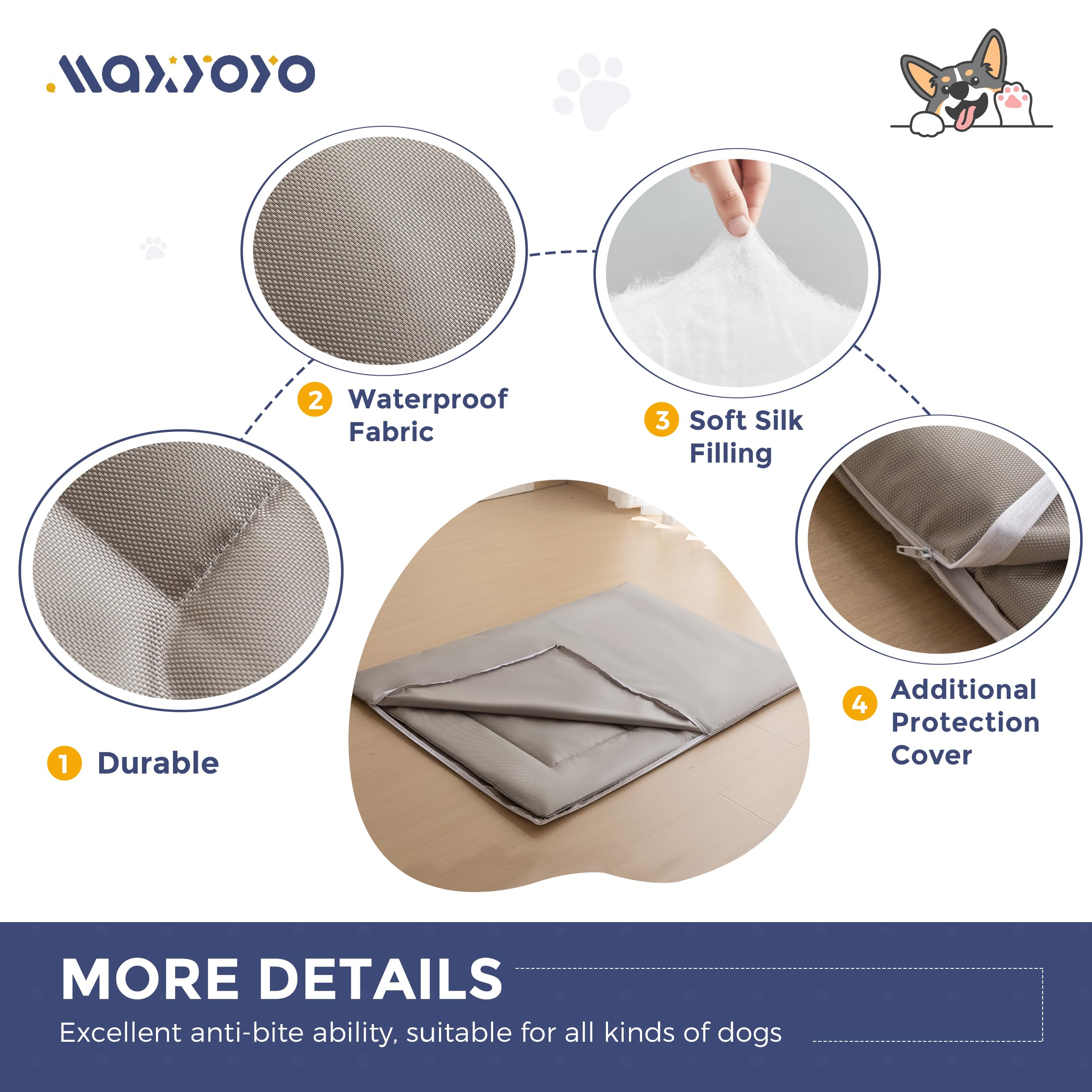 Maxyoyo Chew Proof Dog Beds, Indestructible Dog Crate Pad For Aggressive Chewers, Machine Washable Mat With A Removable Protect