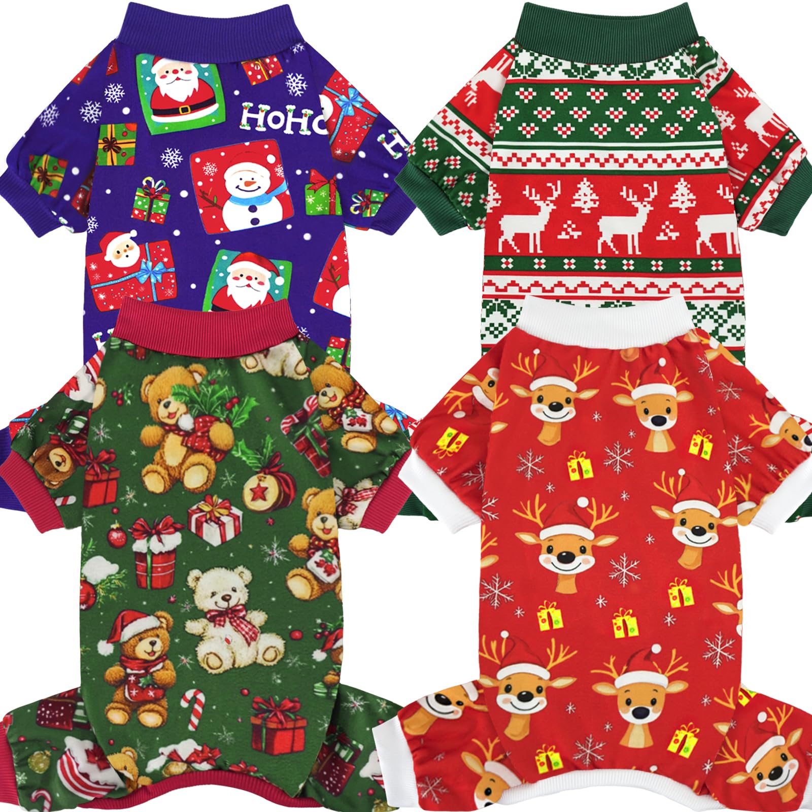 Xpudac 4 Pack Dog Christmas Pajamas Reindeer Puppy Clothes Cute Santa Claus Dog Pajamas Costumes Outfit Red Green Small 80-Lanlv-S
