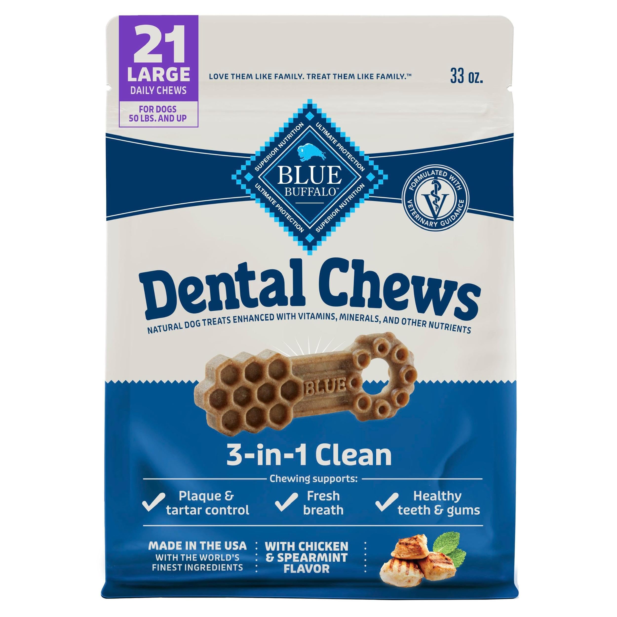 Blue Buffalo Dental Chews Large Natural Dog Treats, Chicken & Spearmint 33-oz Bag (21 Count)