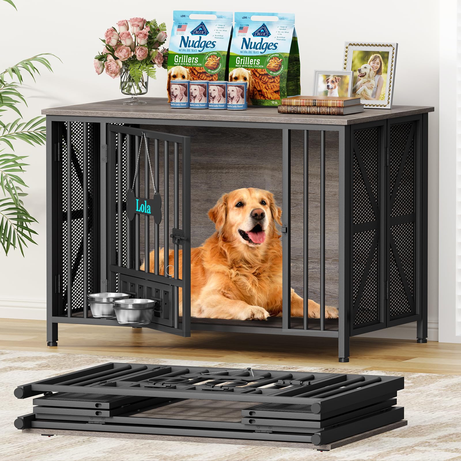 EasyCom Foldable Dog Crate Furniture, 41.3 Dog Crates for Medium/Large Dogs, Wooden Dog Kennel Indoor with Tag & Adjustable Bowl