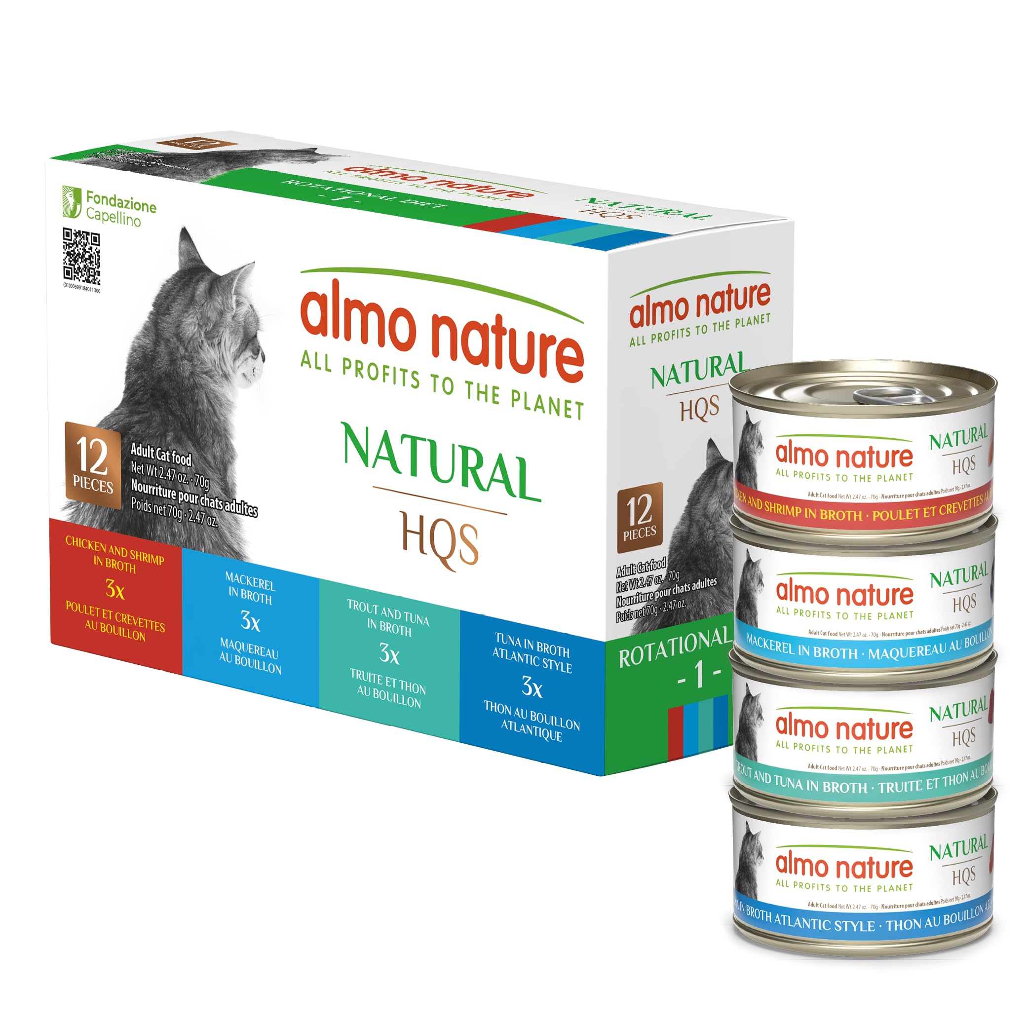 Almo Nature: HQS Natural Cat Pack 2 - (12) 2.47oz Can, Adult Cat Wet Canned Food - 3 Each: Atlantic Tuna, Mackerel, Trout & Tuna