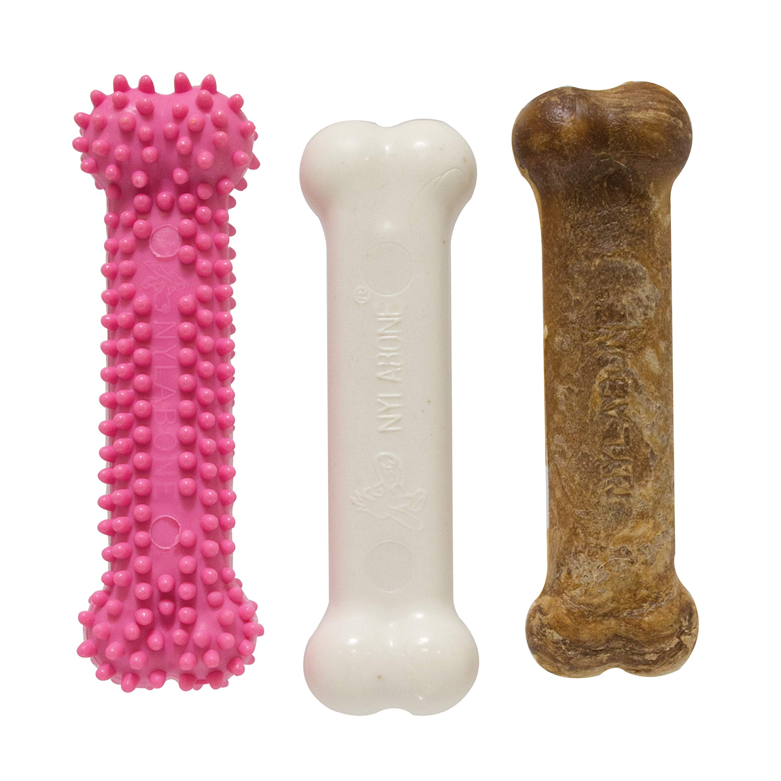 Nylabone Puppy Triple Pack - Pink Puppy Teething Toy, Nylon Dog Toy, & Chew Treat Variety Pack - Puppy Supplies - Chicken and Ba