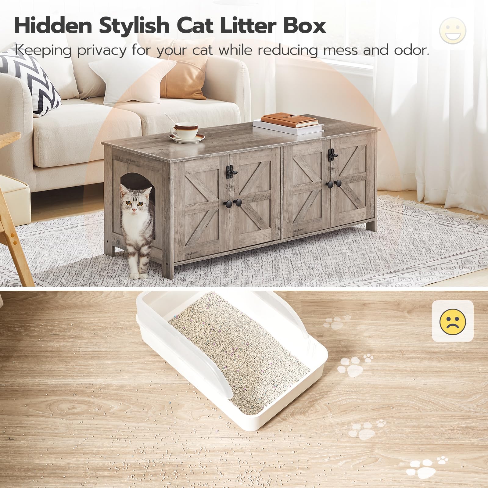 Hoobro 47.2'' Litter Box Enclosure For 2 Cats, Hidden Litter Box Furniture With Double Rooms, Wooden Cat Litter Box Enclosure, D
