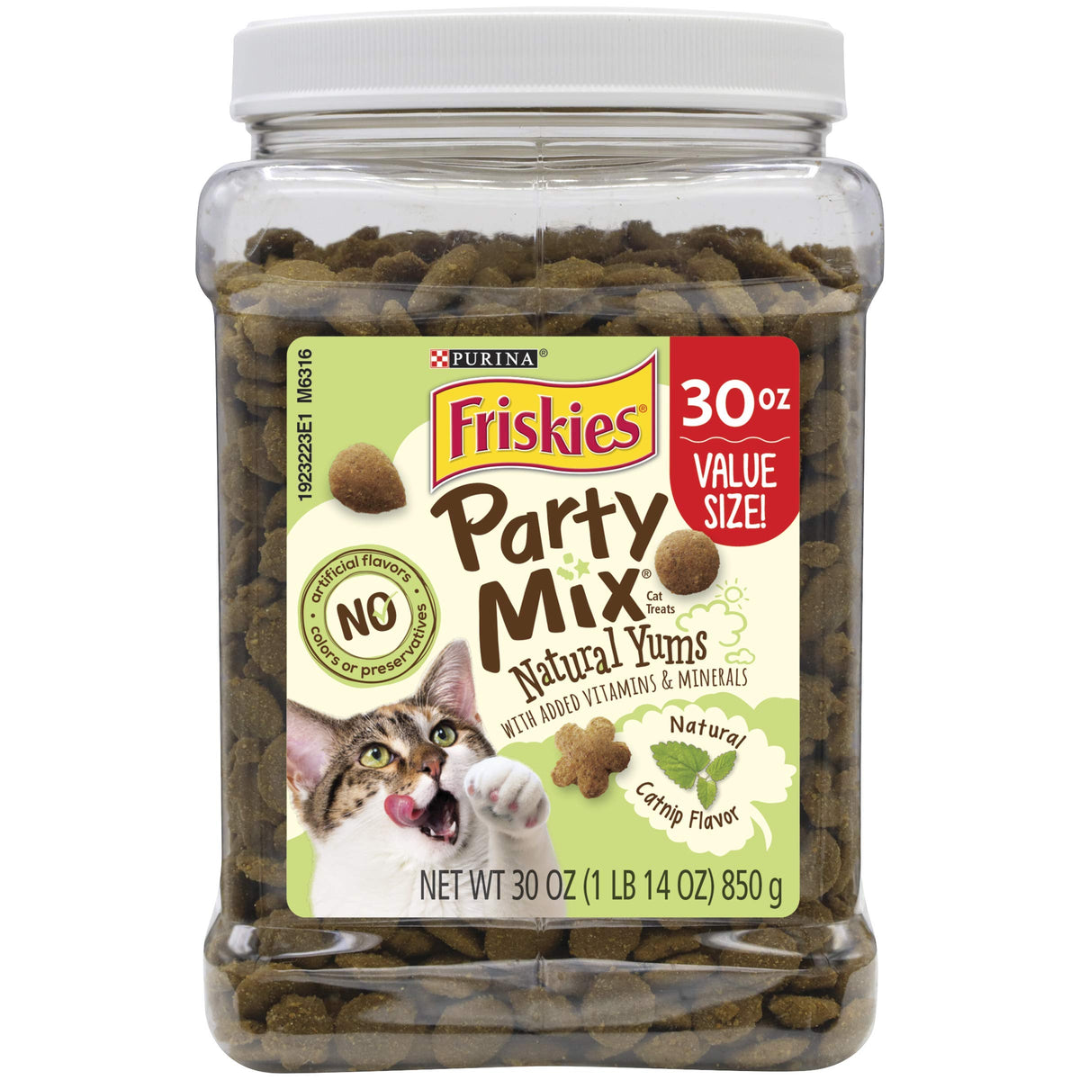 Purina Friskies Made In Usa Facilities, Natural Cat Treats, Party Mix Natural Yums Catnip Flavor - 30 Oz. Canister