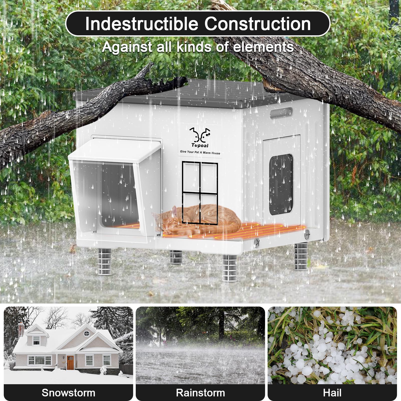 Dahivs Heated Cat House for Outside, High Insulated Heated Outdoor Cat Shelter 100% Weatherproof with Escape Door, Elevated Outd