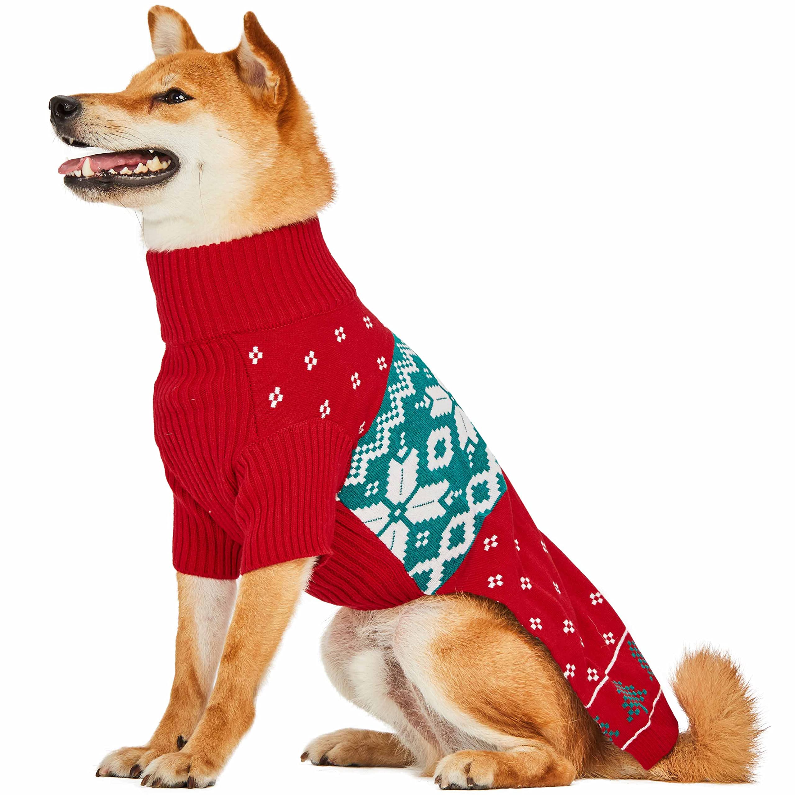 Blueberry Pet Christmas Tree And Snowflake Dog Sweater In Festive Red, Back Length 14', Pack Of 1 Clothes For Dogs