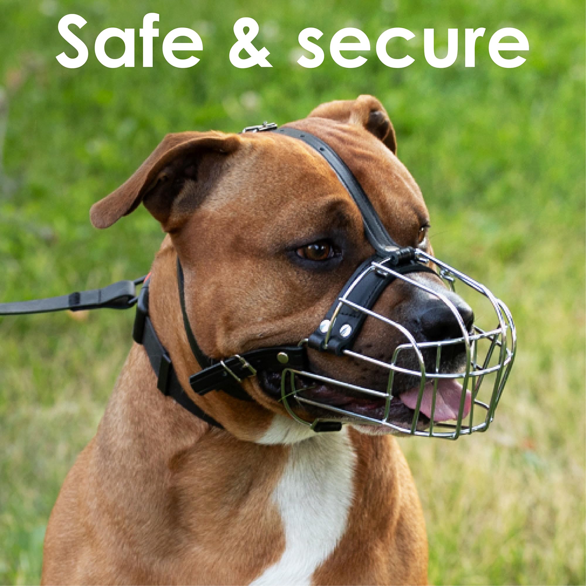 BRONZEDOG Pitbull Dog Muzzle Metal Mask Amstaff Wire Basket Pit Bull Adjustable Leather Straps for Large Dogs (Pink)