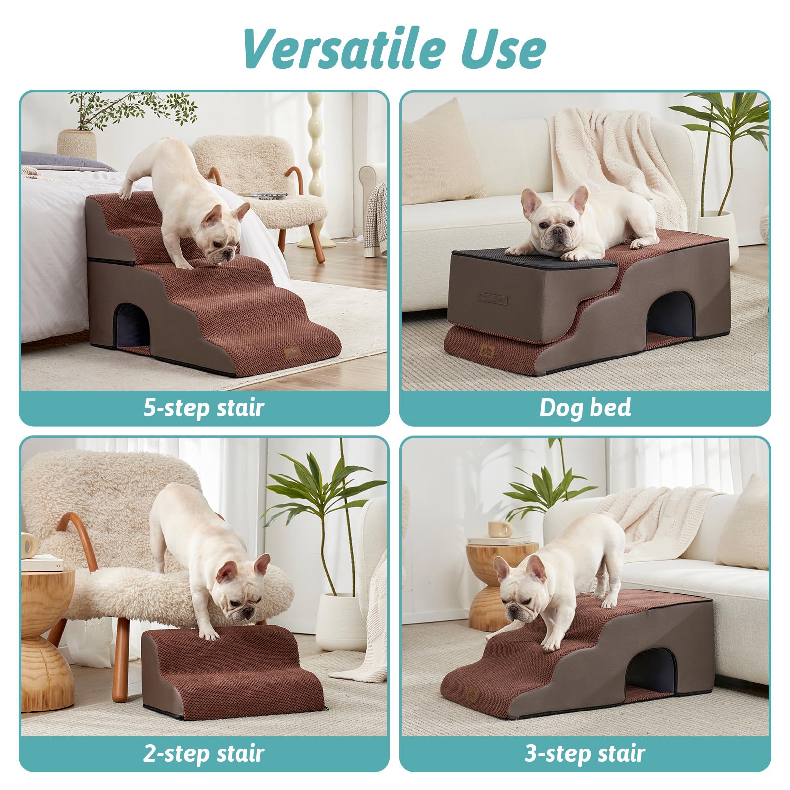 Cozy Kiss Wide Dog Stairs For Bed With Tunnel 19.7'' Width, Foam Detachable Large Dog Step For Small Dog, Puppy Or Cats, Medium