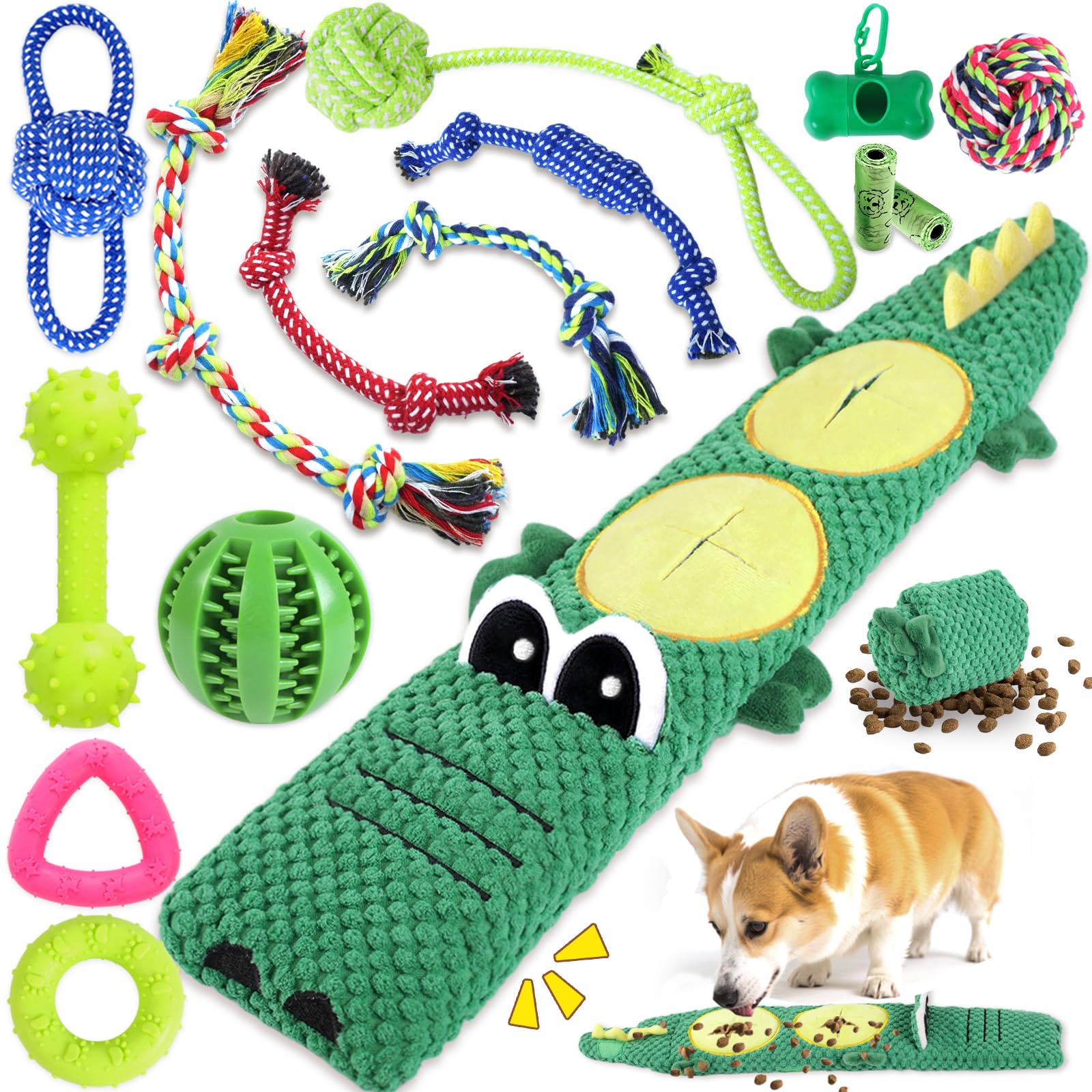 MRSOHRET 15 Pack Puppy Chew Toys for Teething, No Stuffing Squeaky Dog Toys Interactive Puzzle Toy, Dog Enrichment Toy Bundle wi