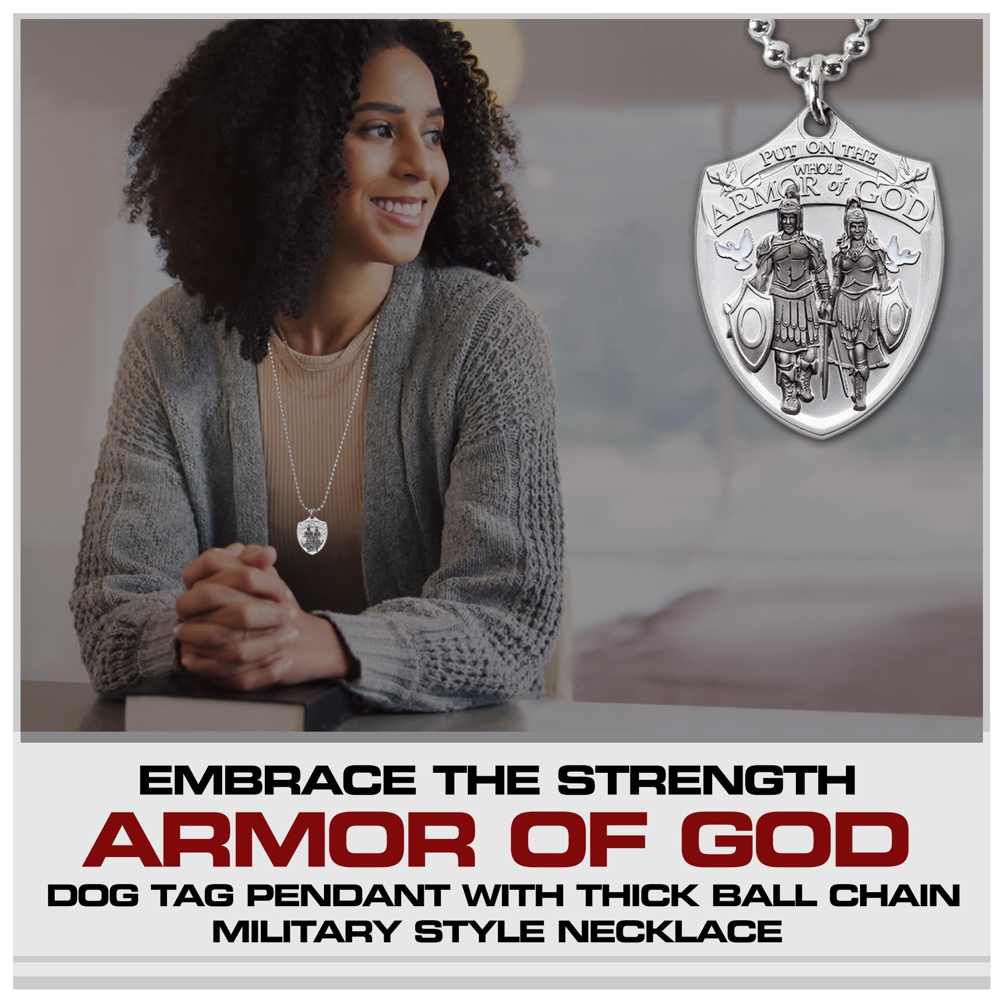 Armor Coin & Emblem - Armor Of God Dog Tag Pendant With Thick Ball Chain Military Style Necklace