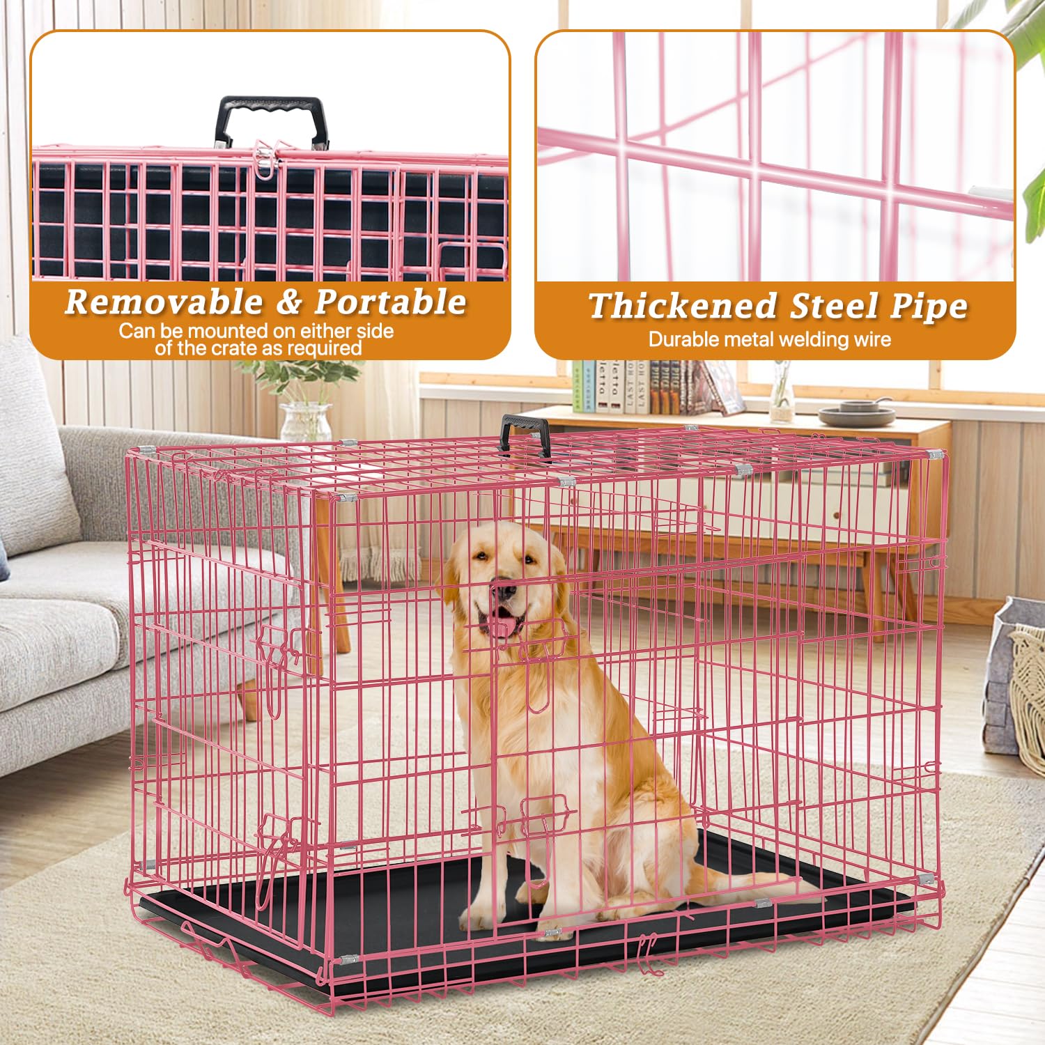 Dog Crate For Large Medium Dogs Folding Dog Kennel Cage With Plastic Tray & Divider 48'' Indoor Outdoor Metal Double Door Pet Pl