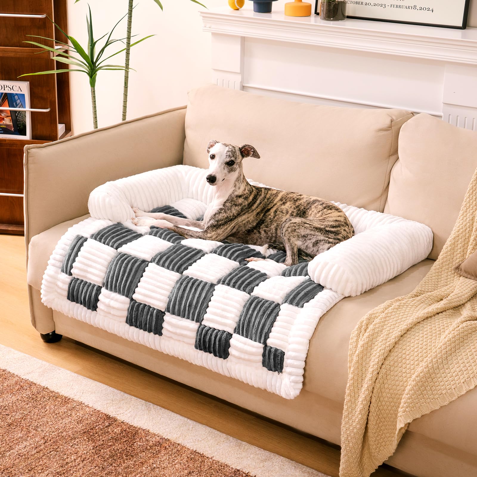 Funny Fuzzy Pet Couch Covers For Sofa, Large Couch Cover For Dogs Washable Cream Square Plaid Pet Bed Mat For Furniture Protecto