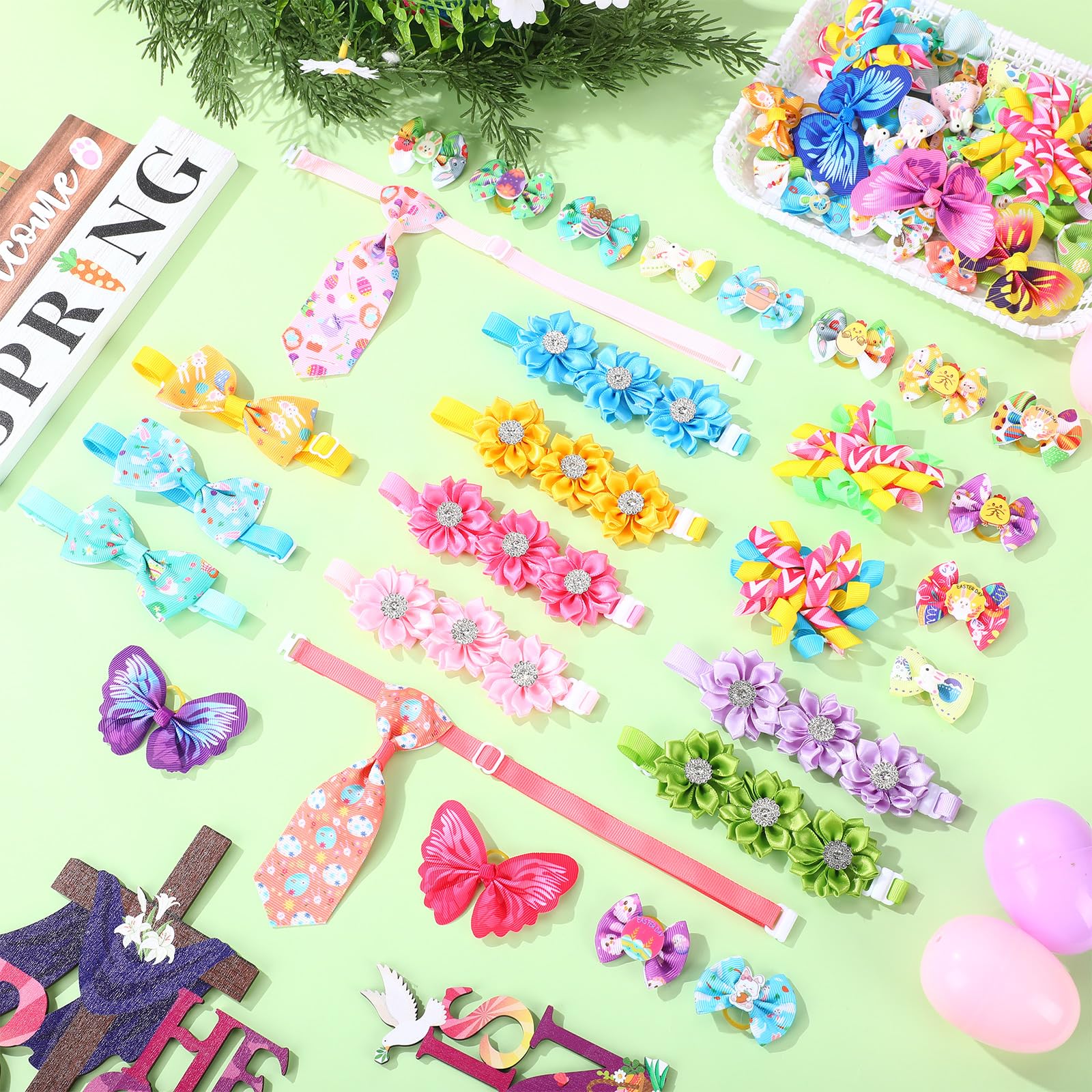 Reginary 70 Pcs Easter Dog Bow Ties Collar Set Adjustable Grooming Hair Bows Rabbit Eggs Butterfly Rhinestone Pattern Neckties F