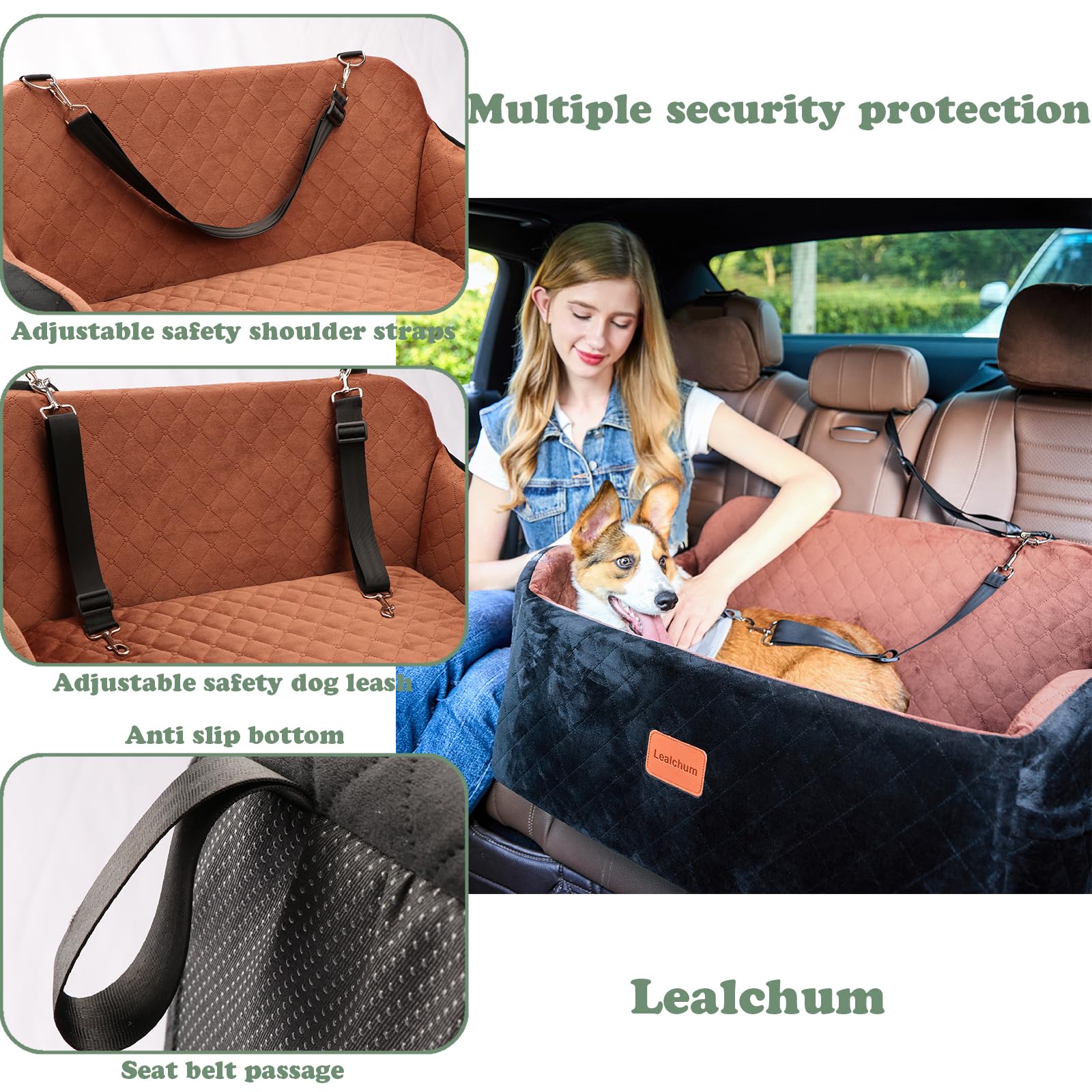 Lealchum Dog Car Seat Up to 55lb,2 Clip-On Safety Adjustable Leashs Car Dog Bed for 2 Small Dogs,Fully Detachable and Washable P
