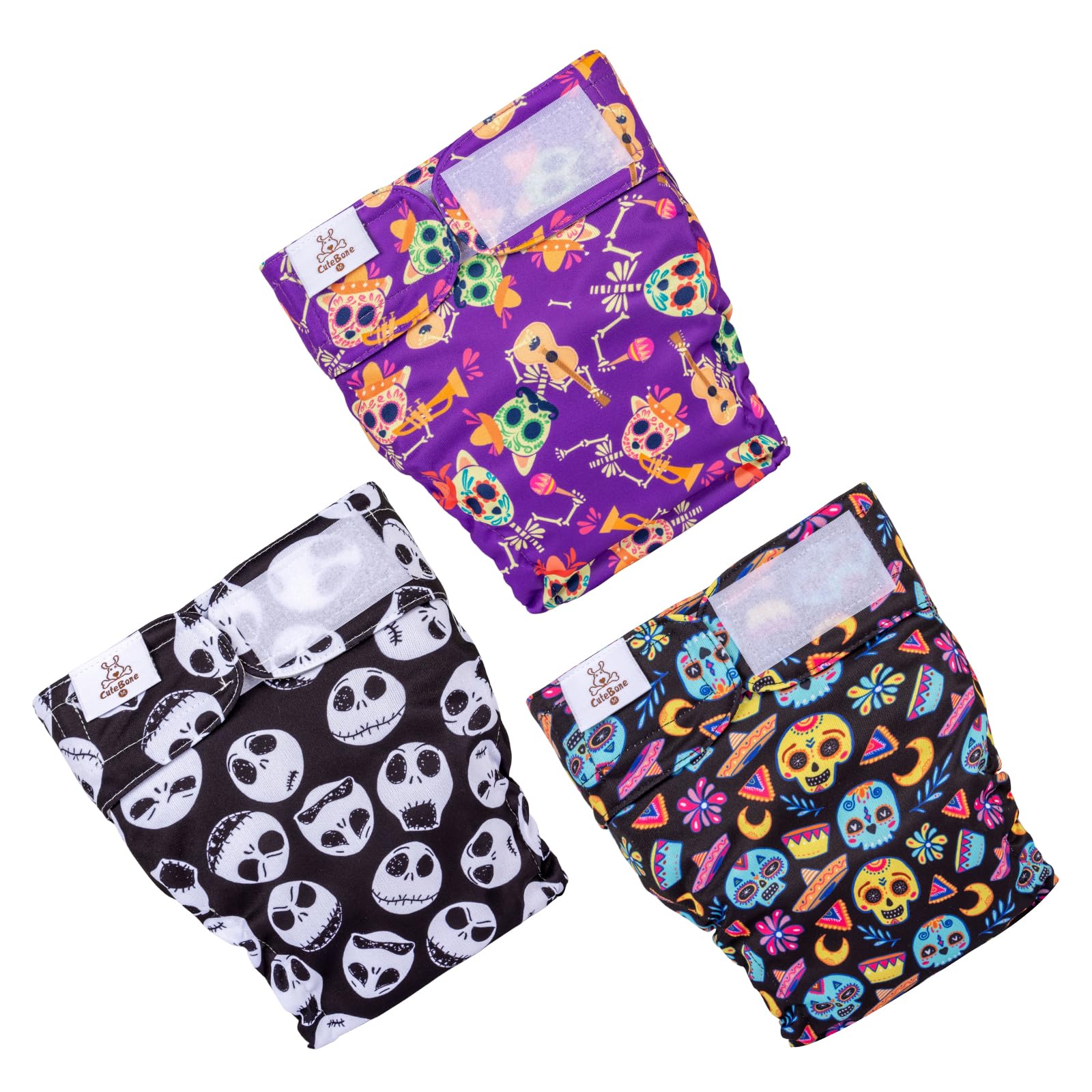 Cutebone Washable Halloween Dog Diapers Female No Tail Hole 3 Pack Reusable Doggie Period Training Pants For Docked-Tail Frenchi