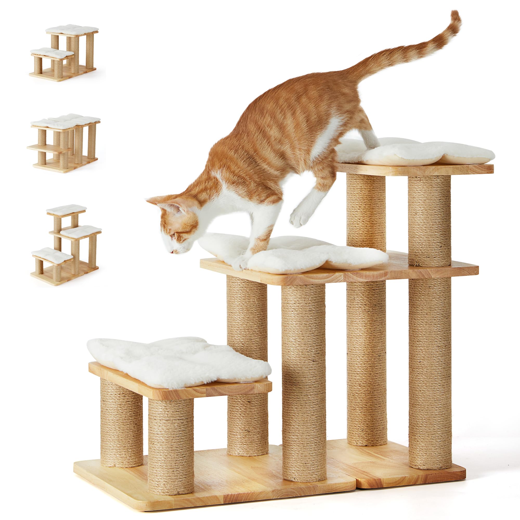 FUKUMARU Dog Stairs, Solid Wood Pet Stairs with Cat Scratching Post, Transformable Cat Ramp Can Hold Up to 200 lbs, 20 Inch Pet 