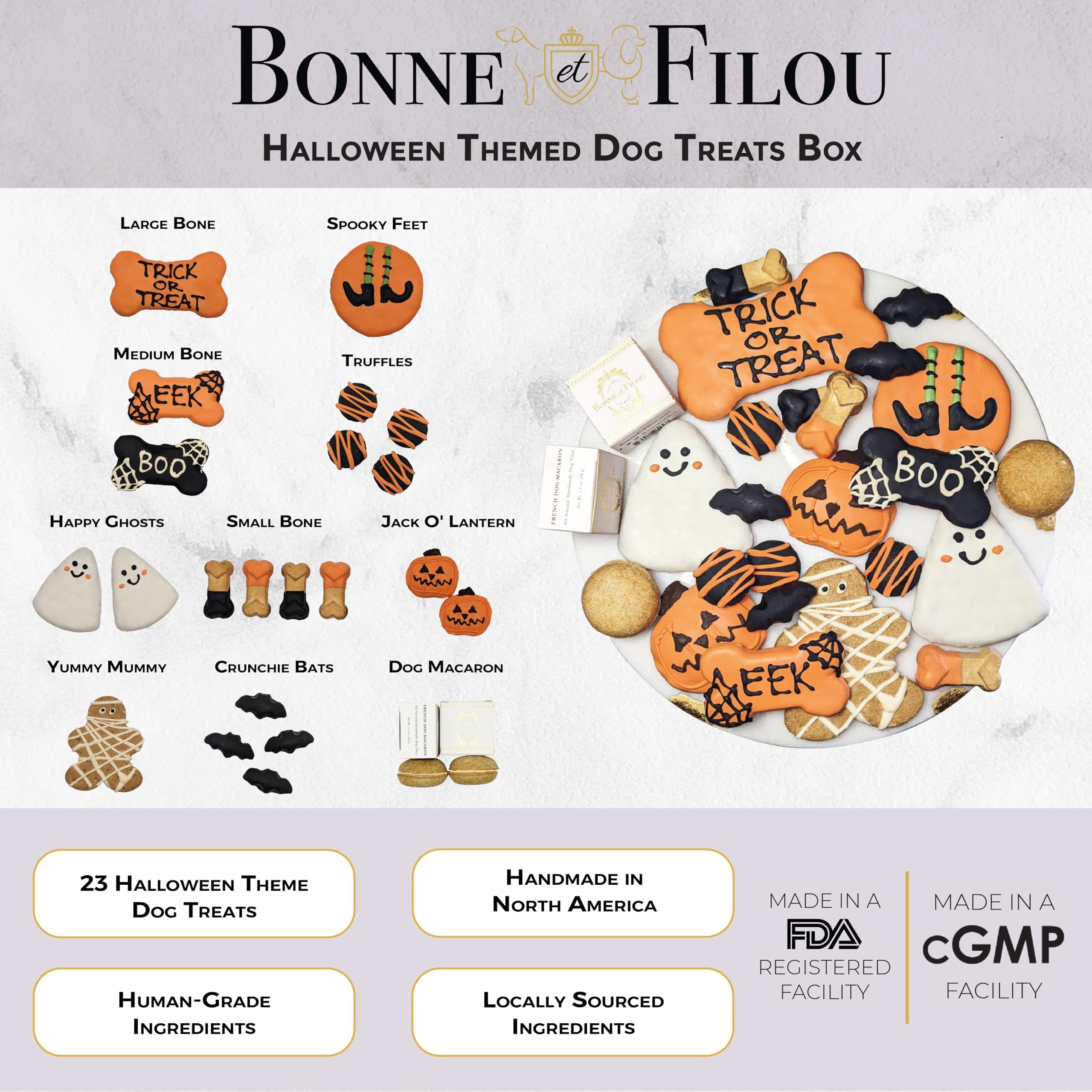 Bonne et Filou Halloween Dog Treats Gift Box Human Grade Gourmet Dog Treats 23 Luxury Spooky Dog Treats Delights with Macarons,