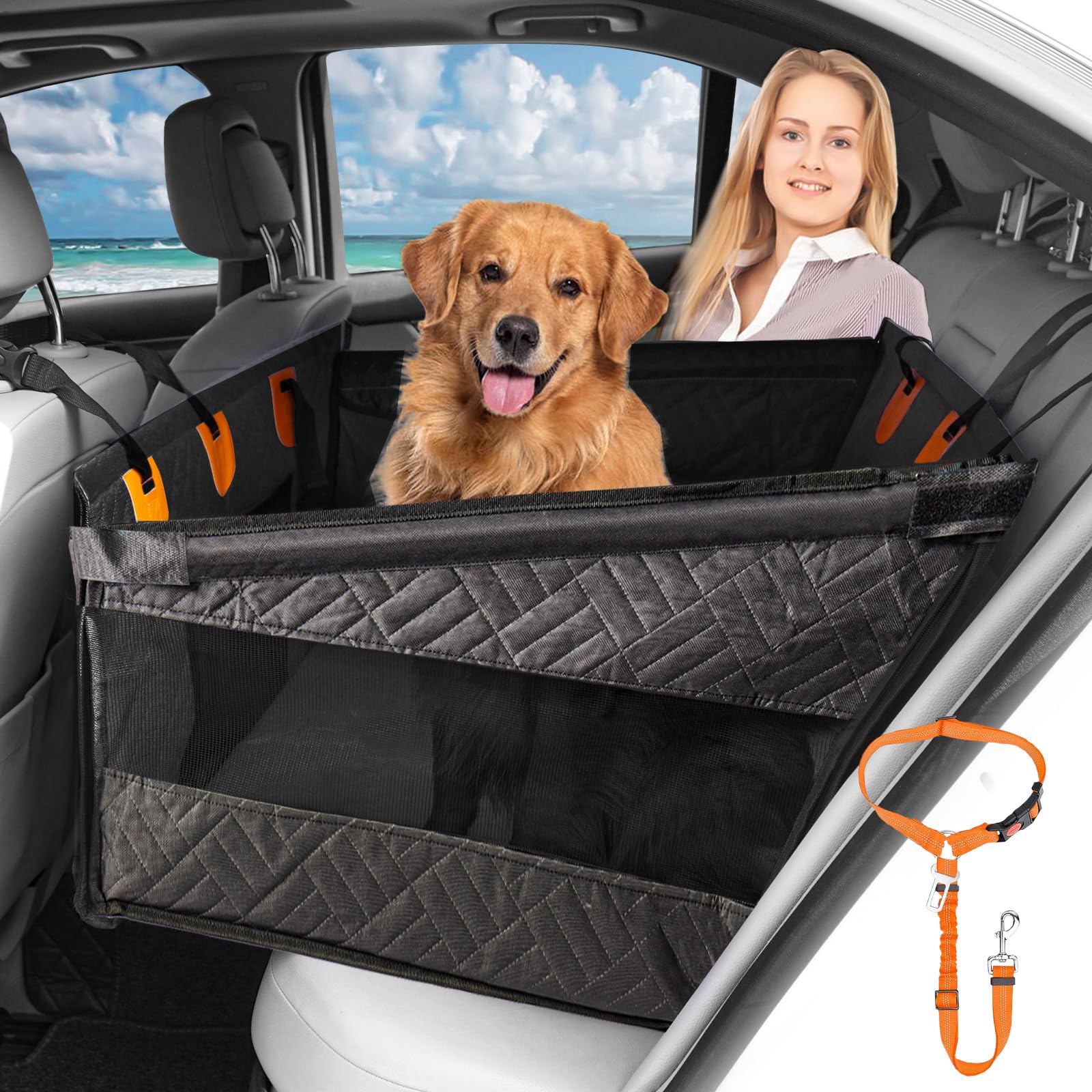 Dog Car Seat For Large Medium Dogs, Hard Bottom Back Seat Extender For Dogs With Soft Removable Blanket, Non-Slip Dog Car Hammoc