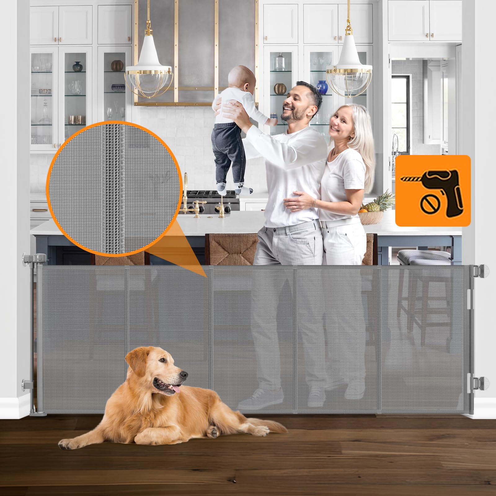 Reinforced No Drill 100'' Wide Retractable Baby Gates for Doorways No Drilling Extra Long Baby Gates Indoor Extra Long Retractab