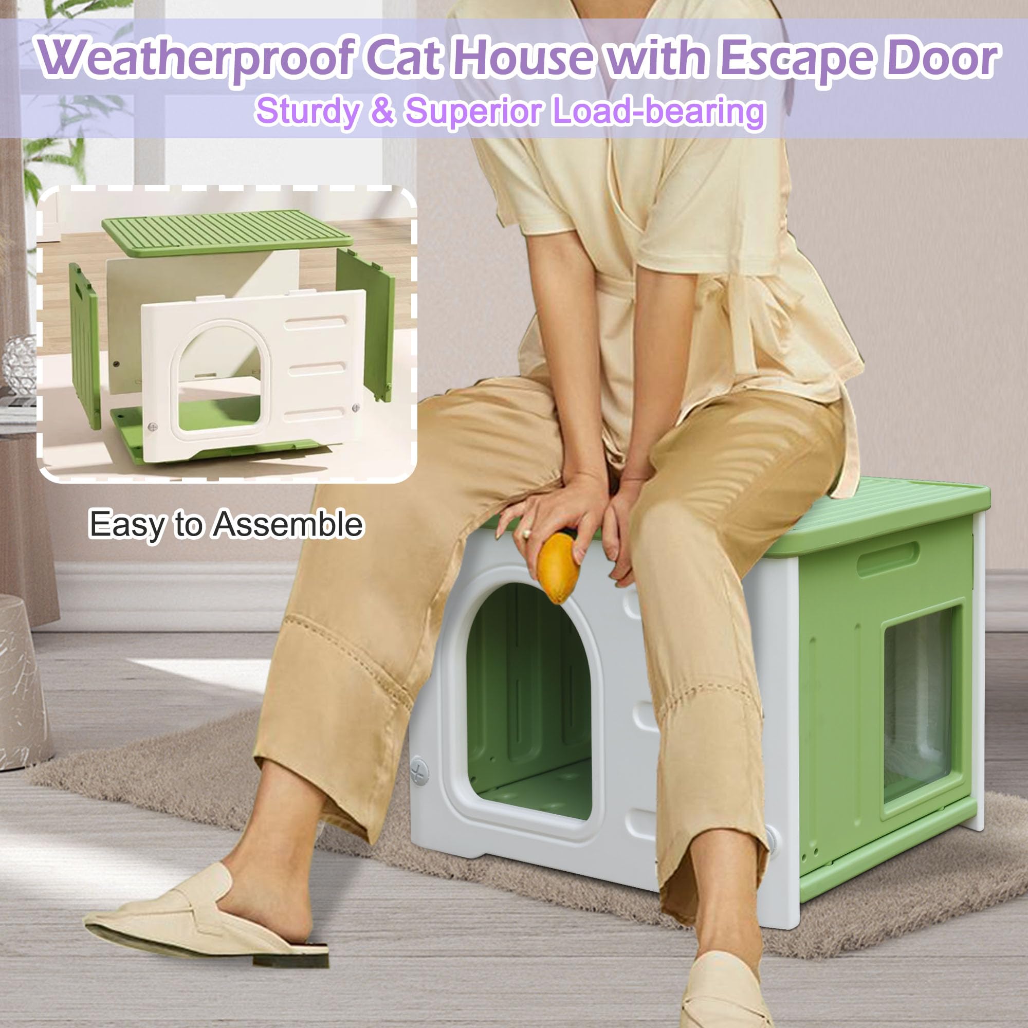 Waterproof Cat House For Outdoor Cats, Plastic Feral Cat House With Escape Door And Soft Mat, Large Indoor Cat House For Mutiple