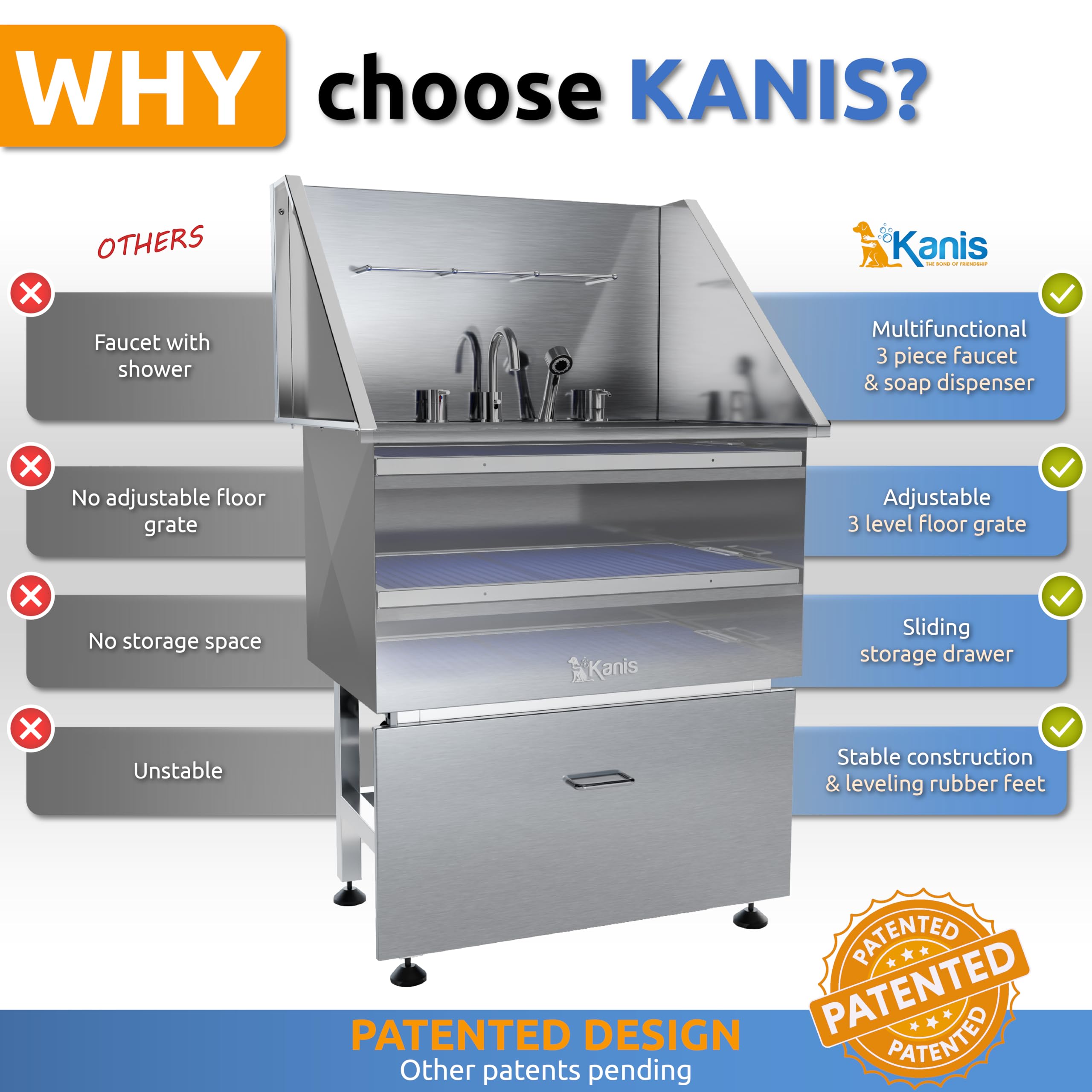 Kanis Professional Stainless Steel Dog Bathing Station - Grooming Tub With Storage Drawer, Floor Grate & Faucet/Dog Bathtub For