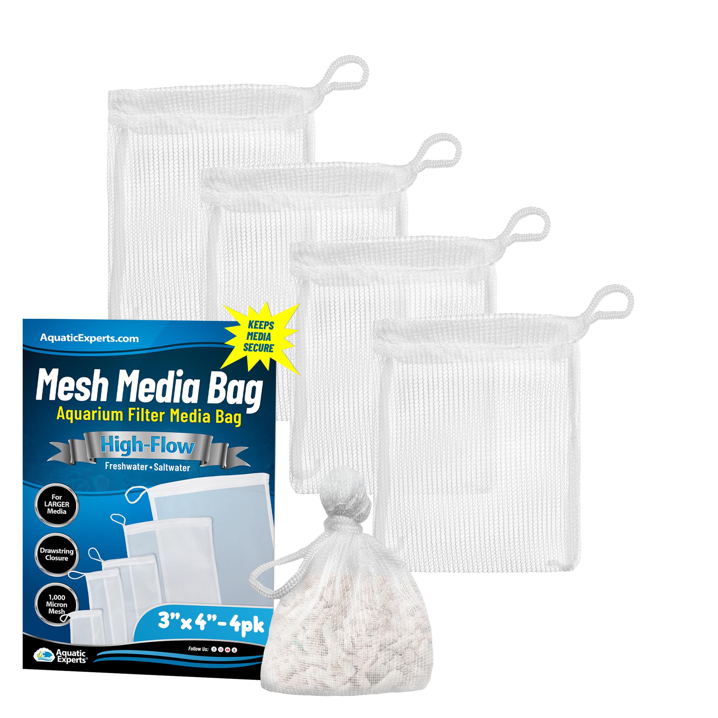 Aquatic Experts High Flow Mesh Filter Media Bags - Aquatic Bags For Filter Media (High Flow, 3' X 4' - 4 Pack)
