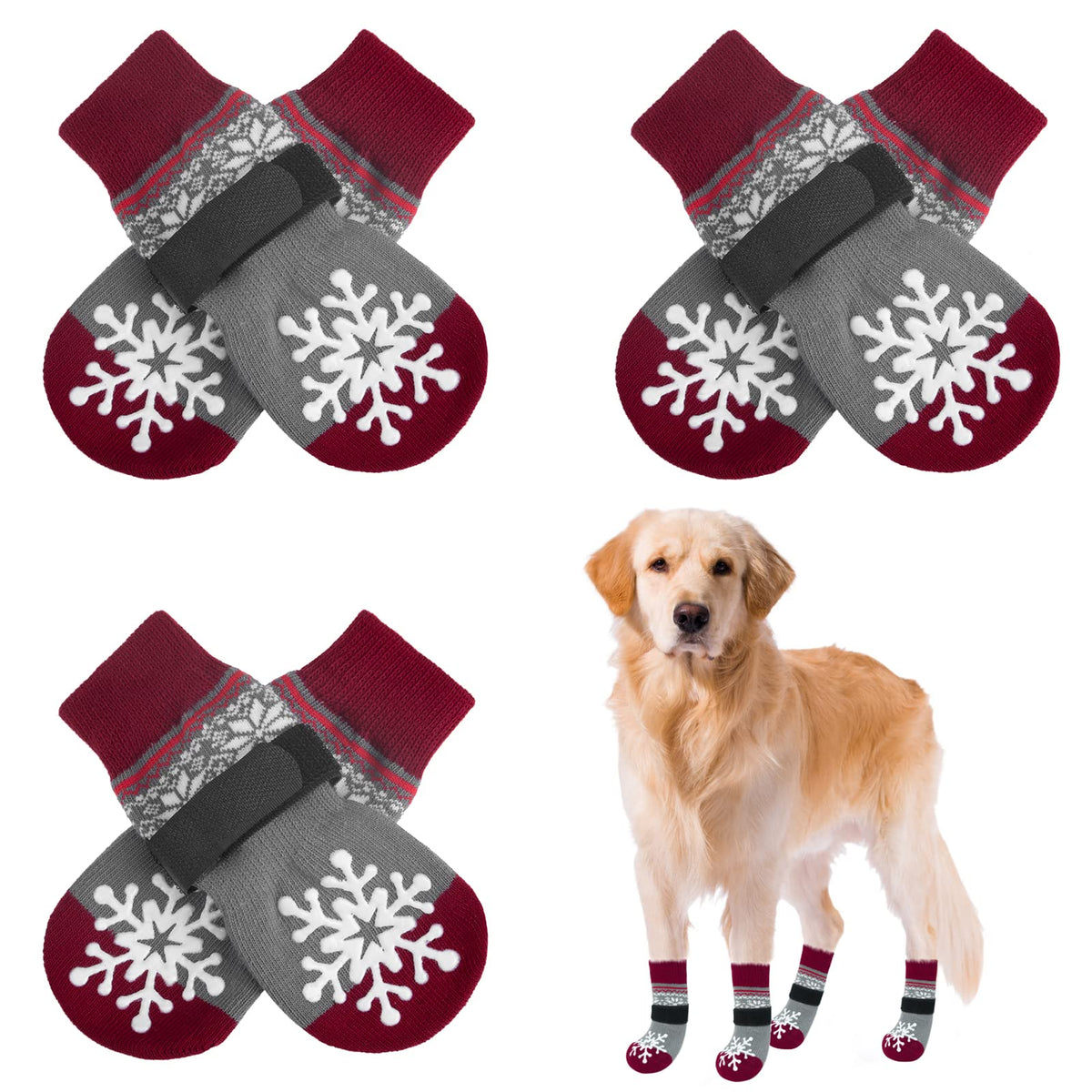 Beautyzoo Christmas Winter Anti-Slip Dog Socks With Grips Traction Control For Small Medium Large Dogs, Non Skid Indoor Double Side Pet Paw Protector For Hardwood Floor Wear, Snowflake L