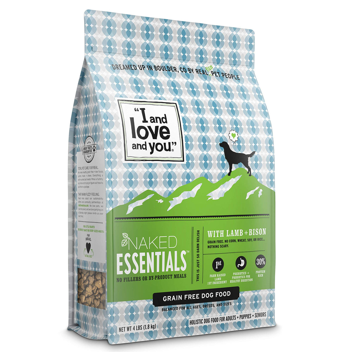 I And Love And You Naked Essentials Dry Dog Food - Lamb + Bison - High Protein, Real Meat, No Fillers, Prebiotics + Probiotics, 4Lb Bag