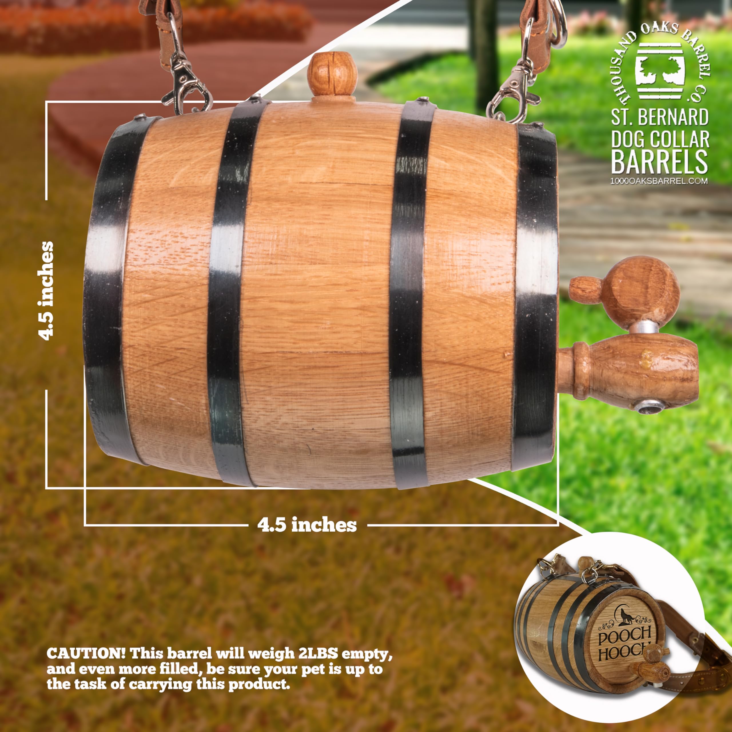 THOUSAND OAKS BARREL St Bernard Whiskey Barrel Dog Collar - 1/2 Liter Oak Dispenser with Adjustable Leather Harness Strap