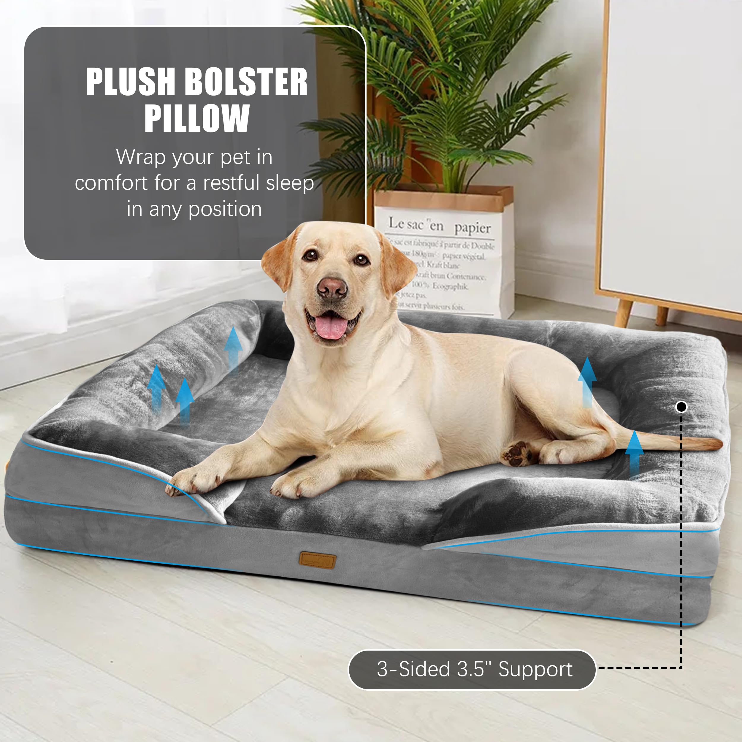 Spotted Play Orthopedic Dog Sofa Bed - Extra Large, Grey, Supportive Foam, Washable Cover, Non-Slip Bottom, 42"L x 32"W x 6.5"Th
