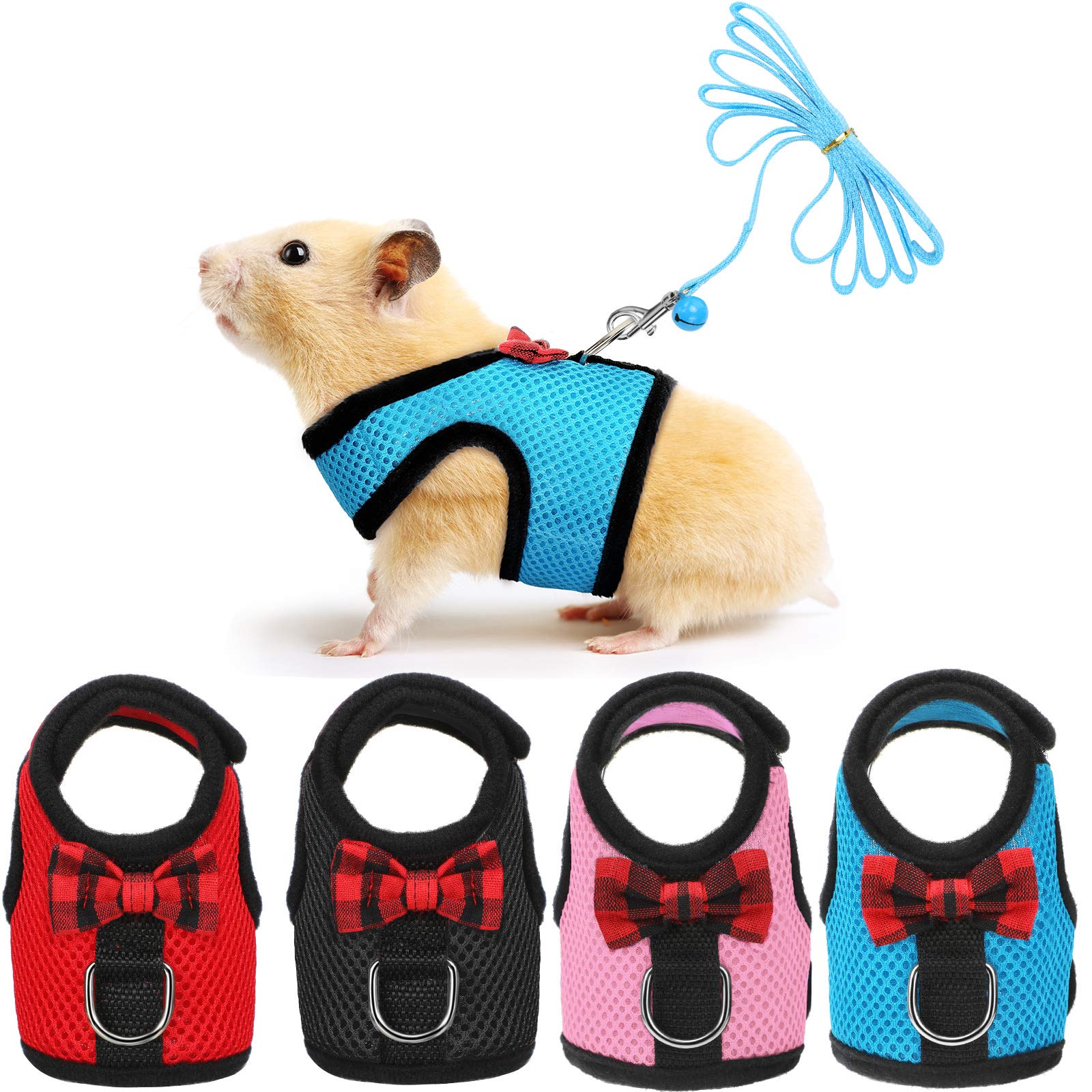 4 Pieces Guinea Pig Harness and Leash Soft Mesh Small Pet Harness with Bowknot Bell, No Pulling Comfort Padded Vest for Guinea P
