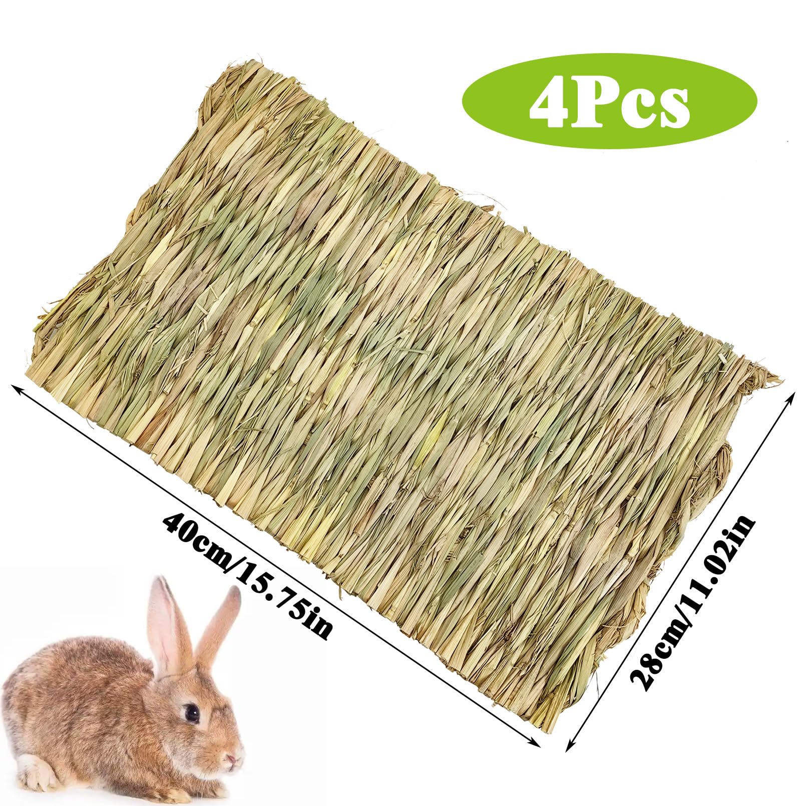 Kathson 4 Pcs Rabbit Large Grass Mat Natural Grass Woven Mat Rabbits Chew Toys Grass Bedding Nest For Small Animal Bunny Rabbit