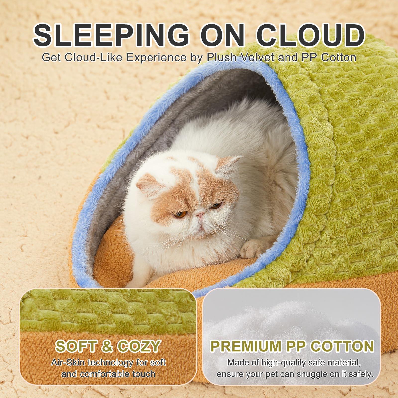 Jiupety Cute Cat Beds For Indoor Cats, Cave Bed For Kittens, Hideaway Cat House & Tent With Anti-Slip Bottom, Washable Removable