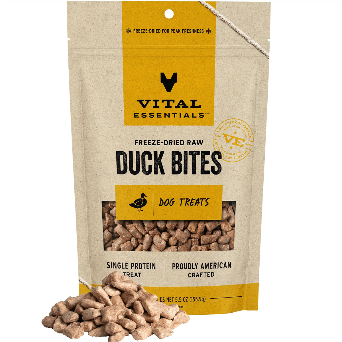 Vital Essentials Freeze Dried Raw Whole Animal Dog Treats, Duck Bites, 5.5 Oz | Premium Quality High Protein Training Treats | Grain Free, Gluten Free, Filler Free