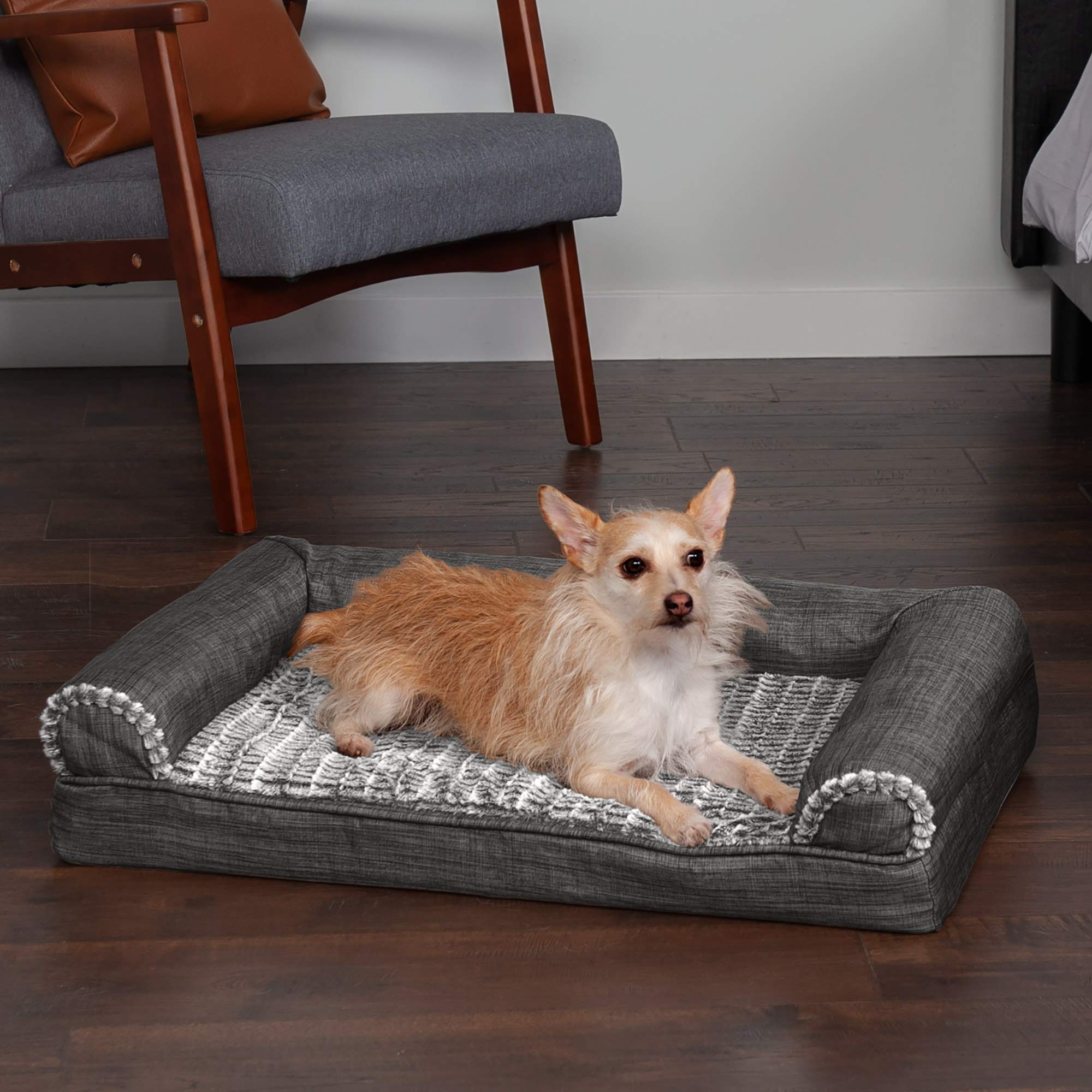 Furhaven Medium Orthopedic Dog Bed Luxe Faux Fur & Performance Linen Sofa-Style W/ Removable Washable Cover - Charcoal, Medium