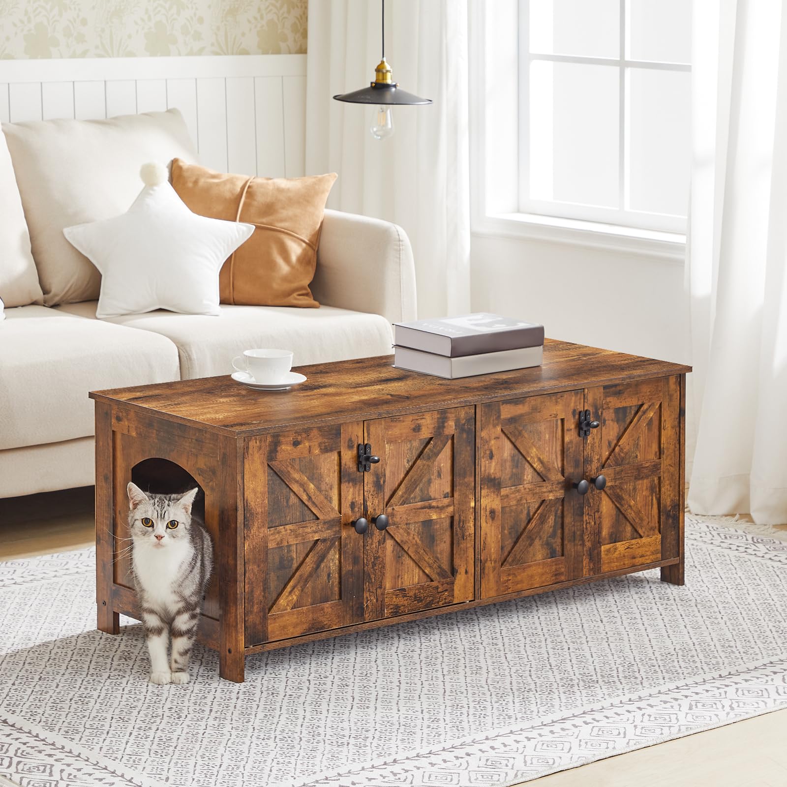 Hoobro 47.2'' Double Litter Box Enclosure, Hidden Litter Box Furniture With Double Rooms, Wooden Tv Stand With Storage, Dual Cat