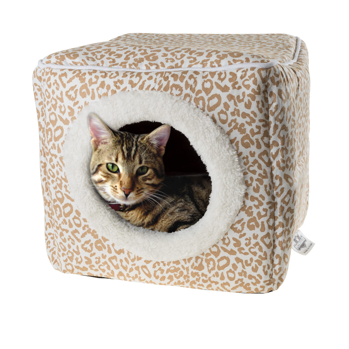 Cat Pet Bed Cave- Indoor Enclosed Covered Cavern/House For Cats Kittens And Small Pets With Removable Cushion Pad By Petmaker, Tan/White Animal Print