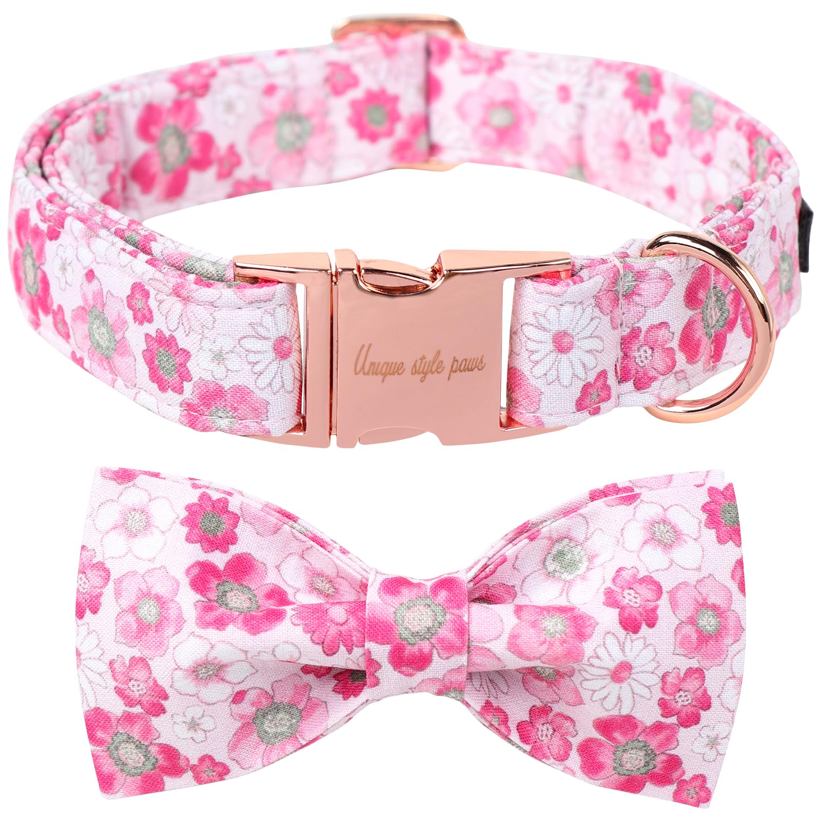 Unique Style Paws Summer Dog Collar With Bow, Lovely Bow Tie Dog Collar,Pink Flower Dog Bow For Girl,Boy Dogs,Cats,M,13.5-22In