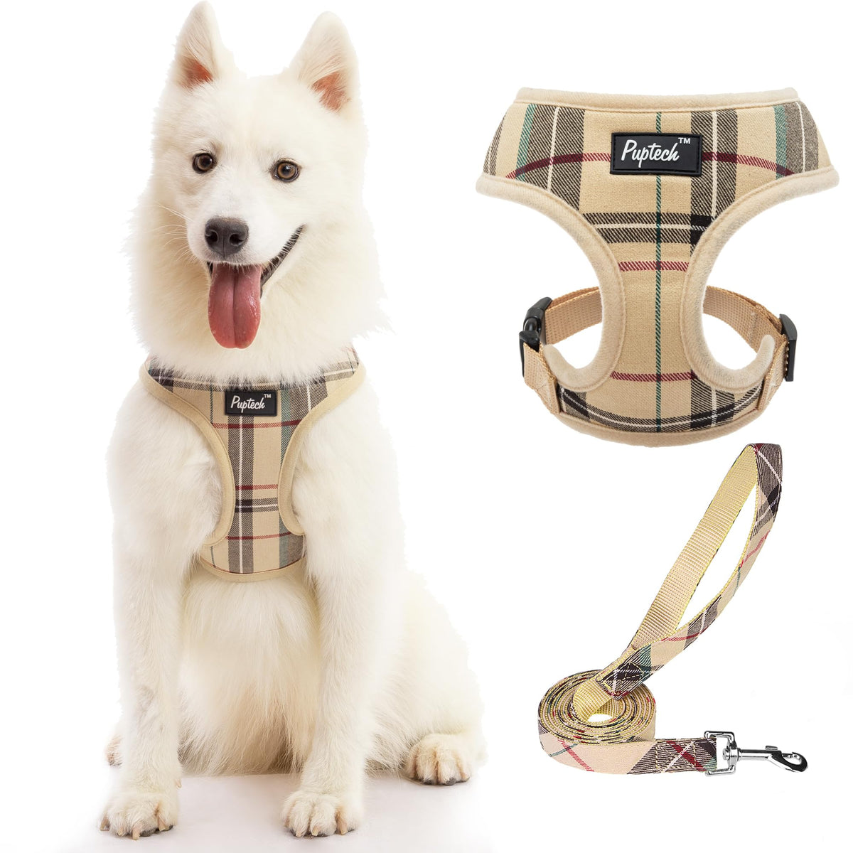 Pupteck Soft Mesh Dog Harness And Leash Set Pet Puppy Cat Comfort Padded Vest No Pull Harnesses, Beige, L