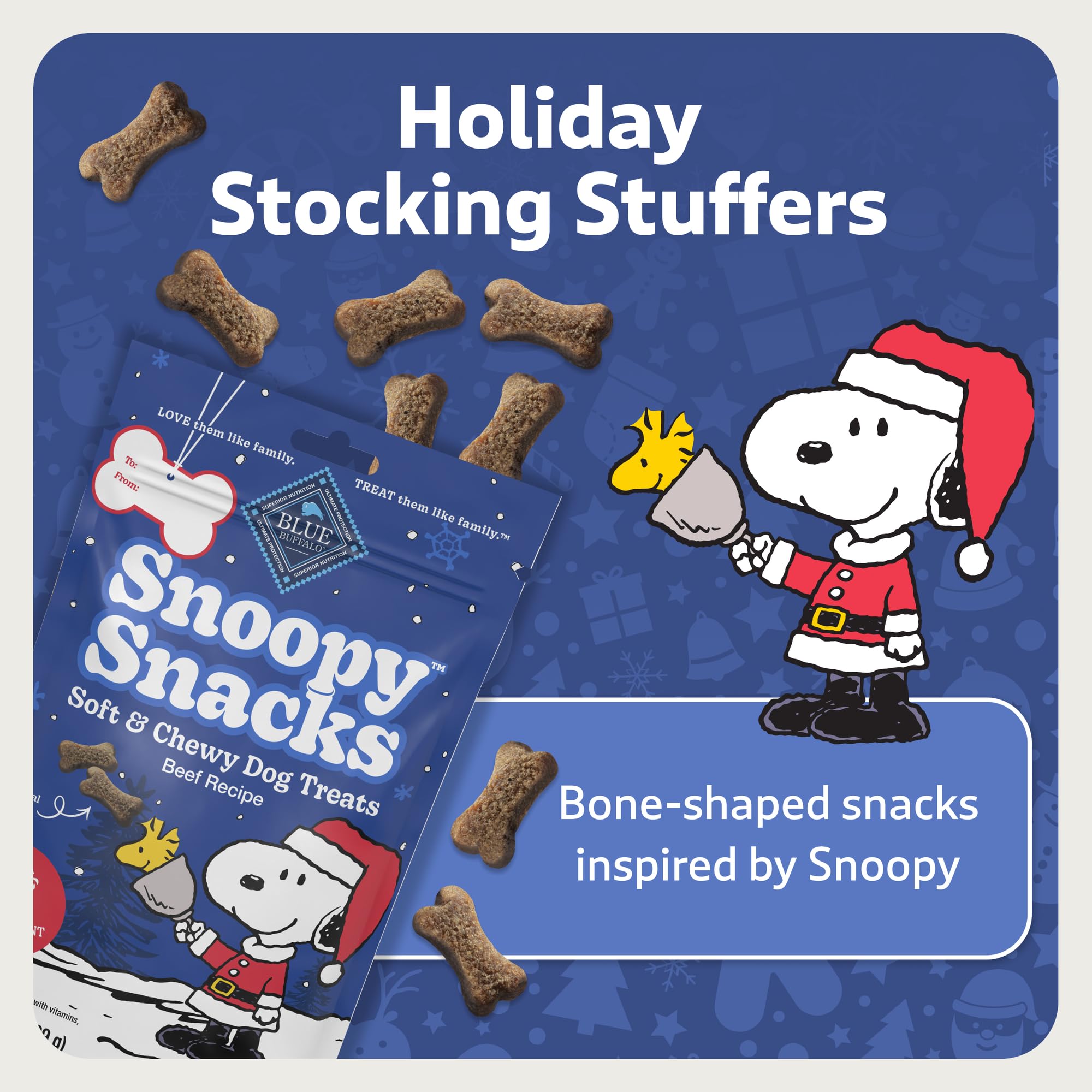Blue Buffalo Snoopy Snacks Soft & Chewy Dog Treats, Holiday Stocking Stuffers for Dogs, Beef Recipe, 3.5oz. Bag