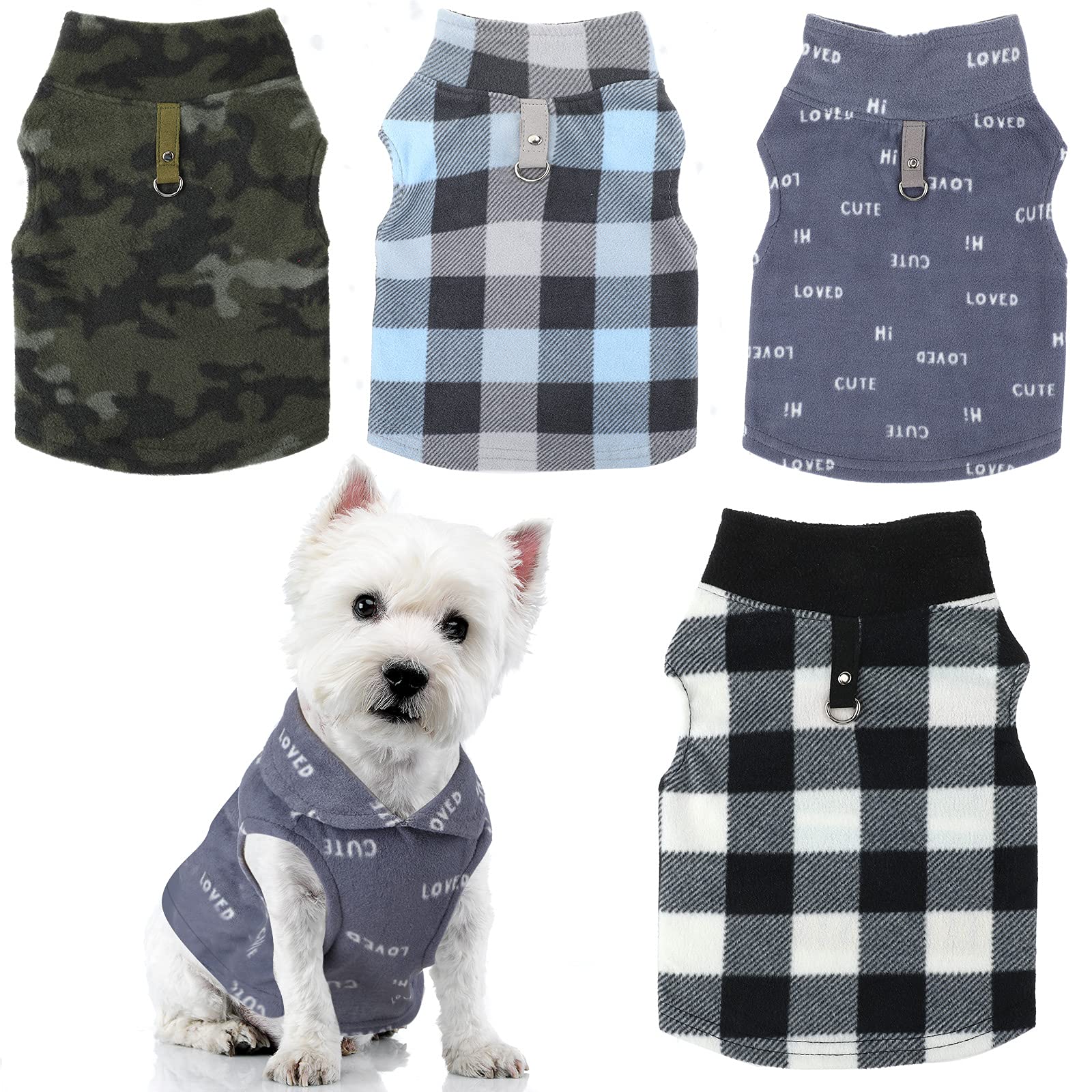 4 Pieces Winter Fabric Dog Sweater With Leash Ring Soft Fleece Vest Dog Clothes Plaid Camouflage Warm Puppy Dog Jacket Pullover 