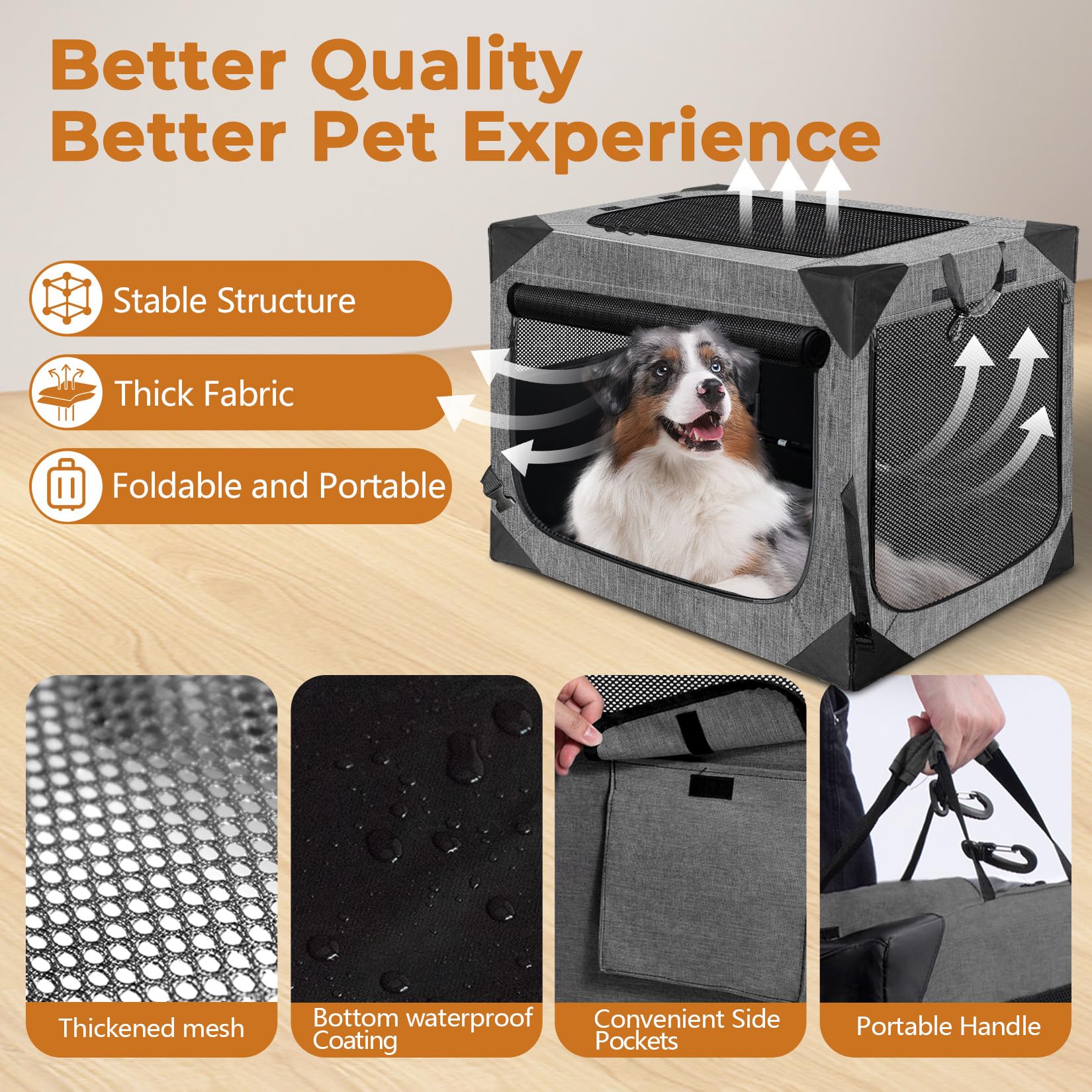 Nottia Dog Crate - Collapsible Soft Travel Kennel for Large Dogs, 36"x25"x25", Dark Gray, Chew-Proof Mesh, Model DC00036