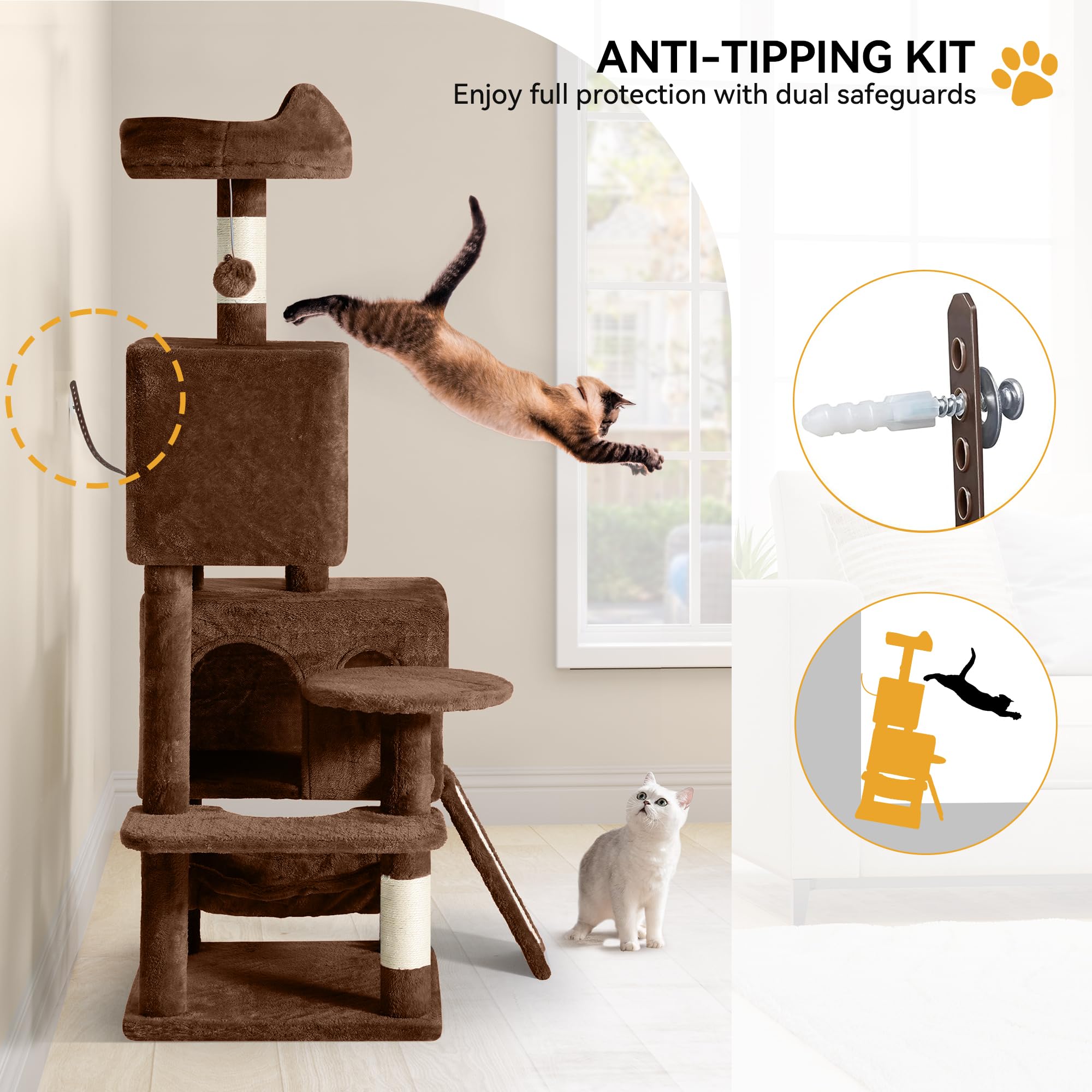 Yitahome 54In Cat Tree Tower Condo, Multi-Level With Sisal Scratching Post, Cat Condos, Plush Top Perches, Hammock, Space Saving