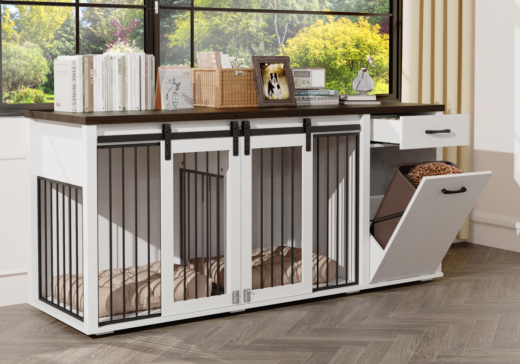 KIGOTY Furniture Style Dog Crate with Storage, 71 Inch Double Dog Crate for 2 Dogs, Wooden Large Dog Kennel with Drawers,Tilt Ou