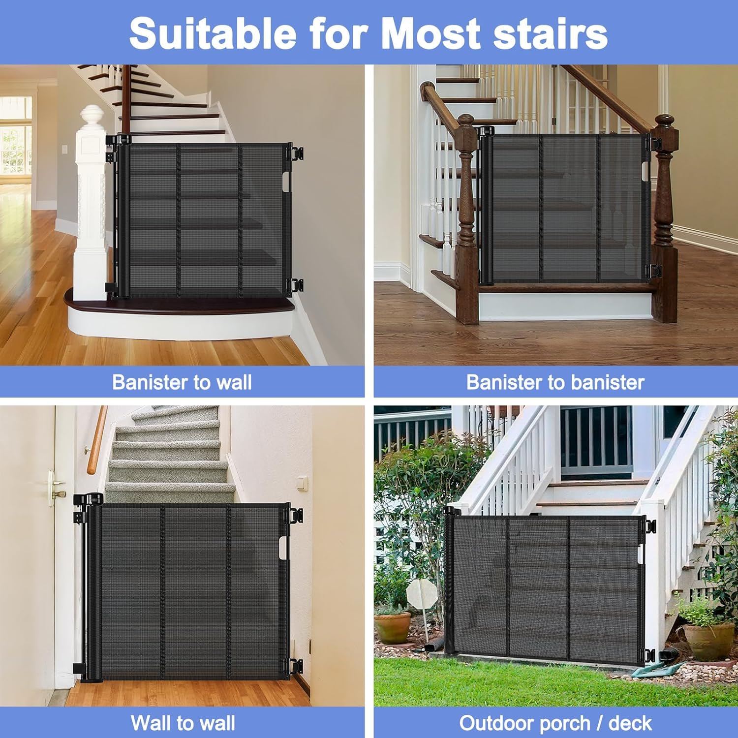 BETERTEK Reinforced Bottom Outdoor Retractable Gate 33" X 80" Black Metal Mesh for Stairs - Model HY-A126