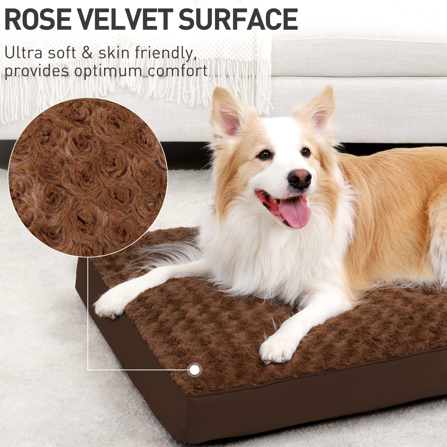 Dog Crate Bed Waterproof For Large Dogs - Rose Velvet Soft Fluffy Washable With Removable Cover & Anti-Slip Bottom, 35 X 22 Inch
