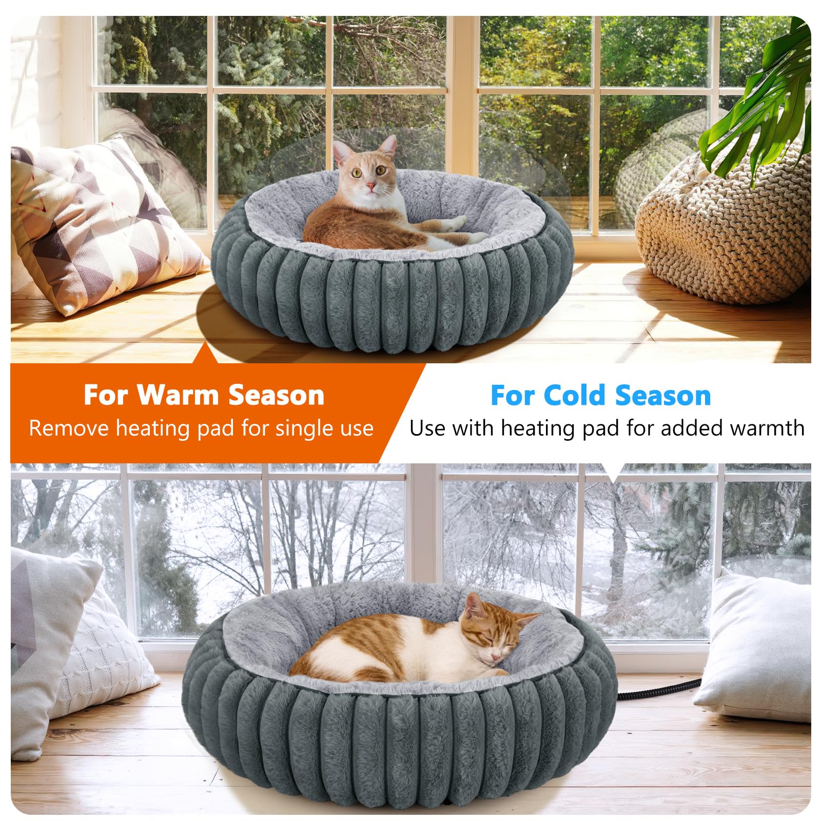 INVENHO Heated Cat Beds for Indoor Cats and Small Dogs, 20 Cozy Donut Heated Pet Bed with Timer & Temp Adjustable, Removable Wat